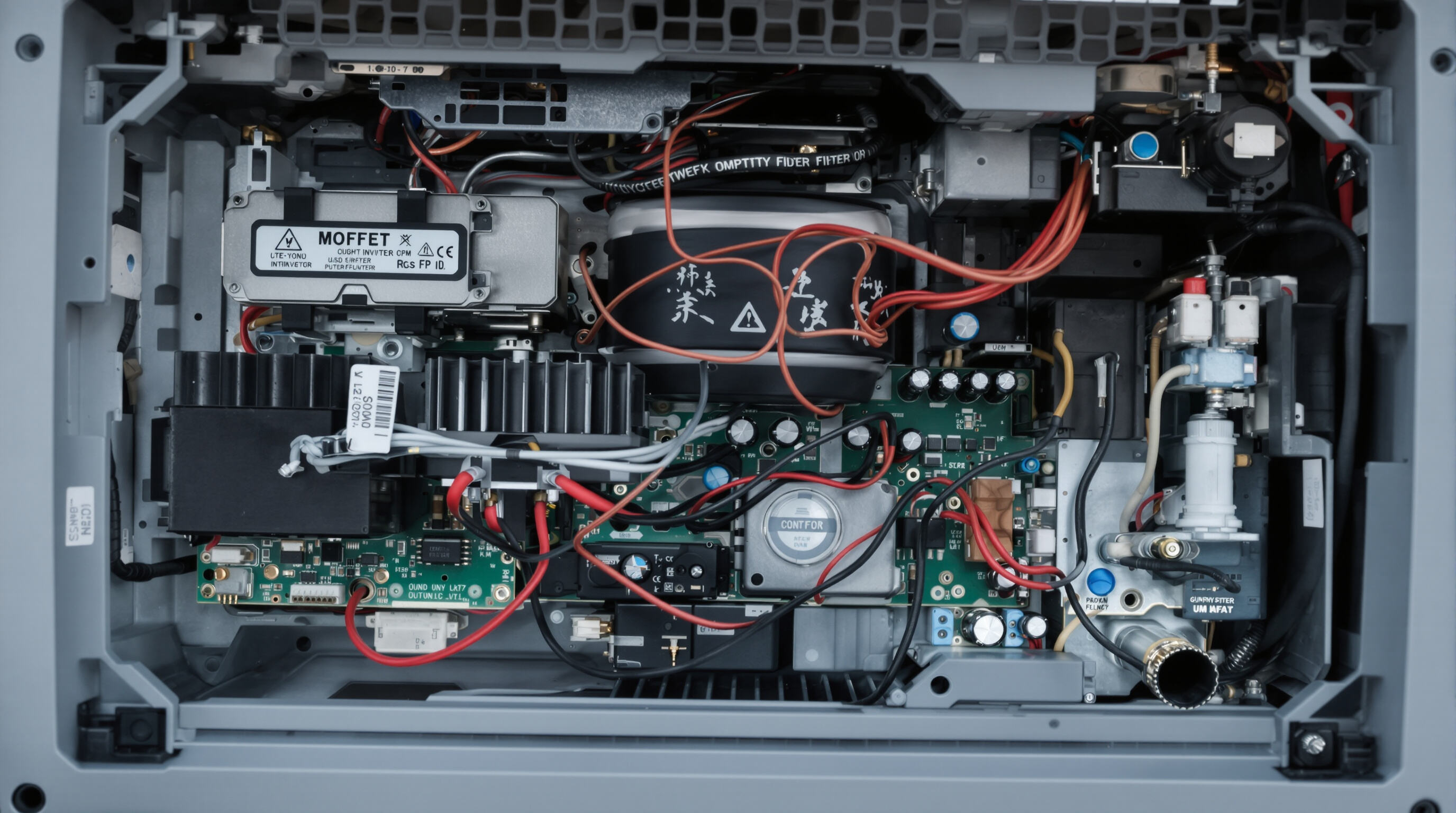 Close-up photo of internal components inside a power inverter, showing MOSFET switches, transformer, control board, heat sink, and output filter.