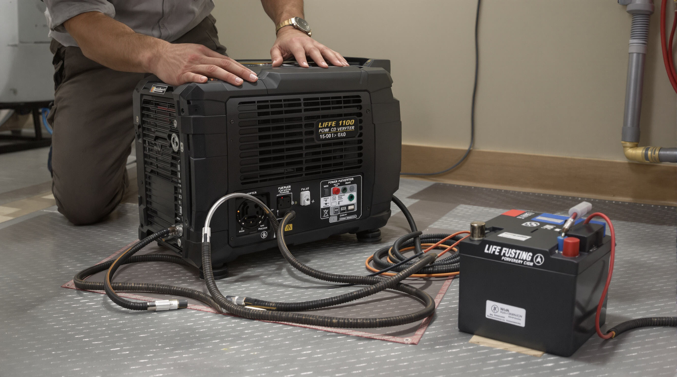 Technician safely installing a portable power inverter with proper cabling and clear ventilation in a utility room