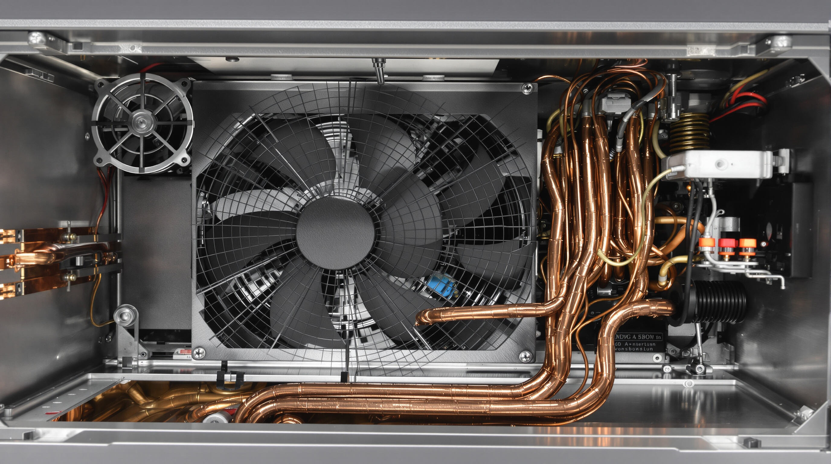 Close-up photo of an inverter's cooling system with fans, metal casing, and copper busbars