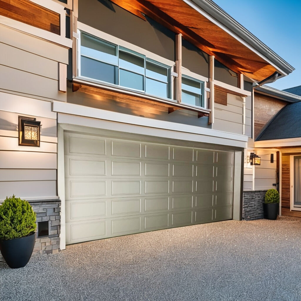 Norton Contemporary Modern Accents Square Line Grain Steel Garage Door With Black Window Frames And Tinted Glass For House details