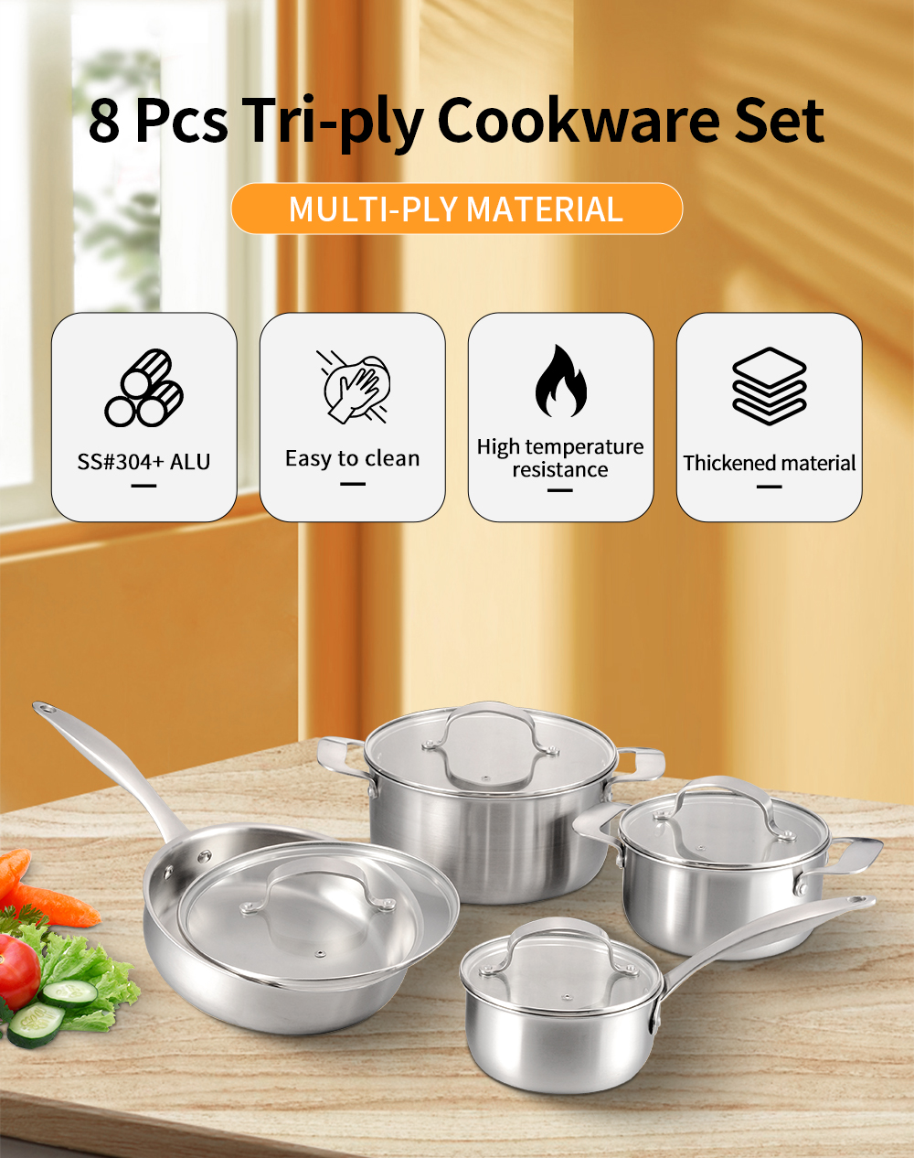 Wholesale Kitchen Induction 8 Pieces Stainless Steel Nonstick Cookware Sets Pot And Pan Set details