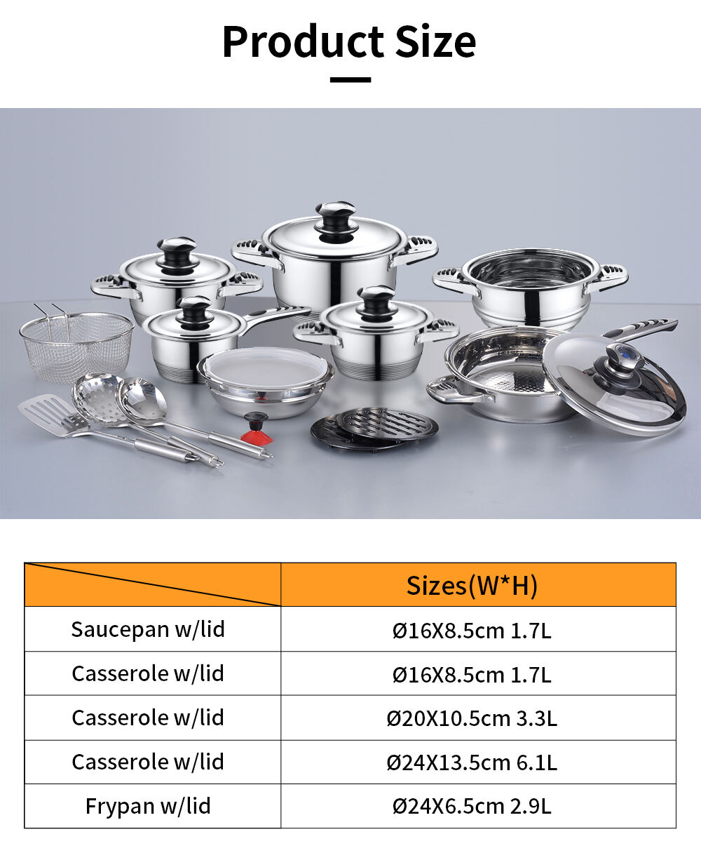 Customized 21Pcs Kitchen Stainless Steel Cook Set Non Stick Cooking Pot Casserole Cookware Set details