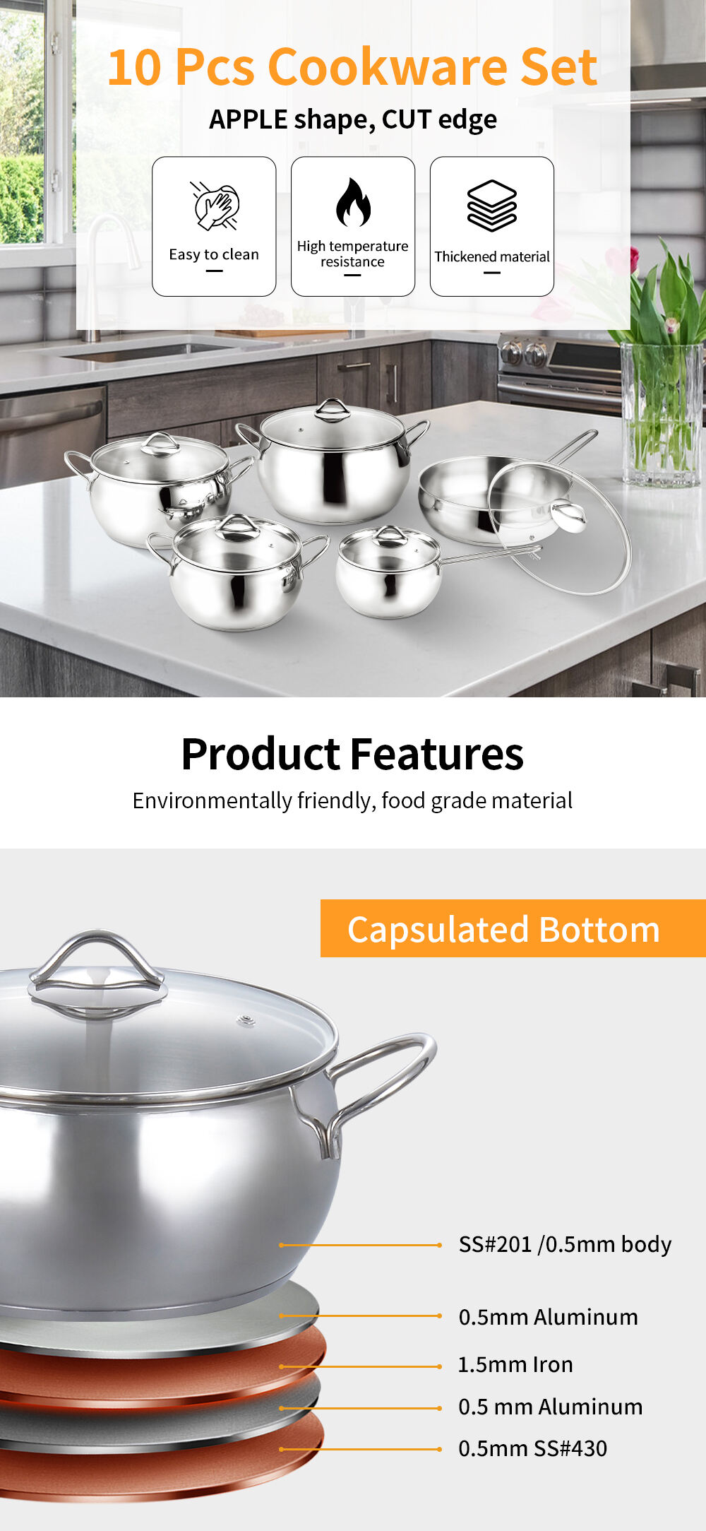 Factory Price Home Kitchen Induction Stainless Steel Cooking Pots Non Stick Cookware Sets factory