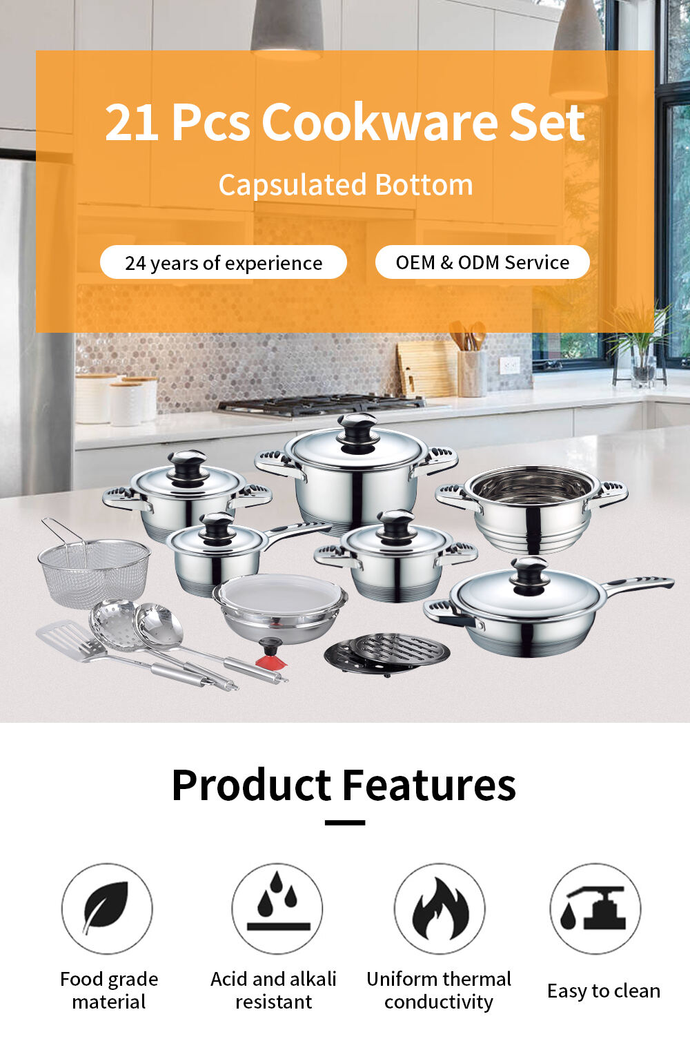 Customized 21Pcs Kitchen Stainless Steel Cook Set Non Stick Cooking Pot Casserole Cookware Set manufacture