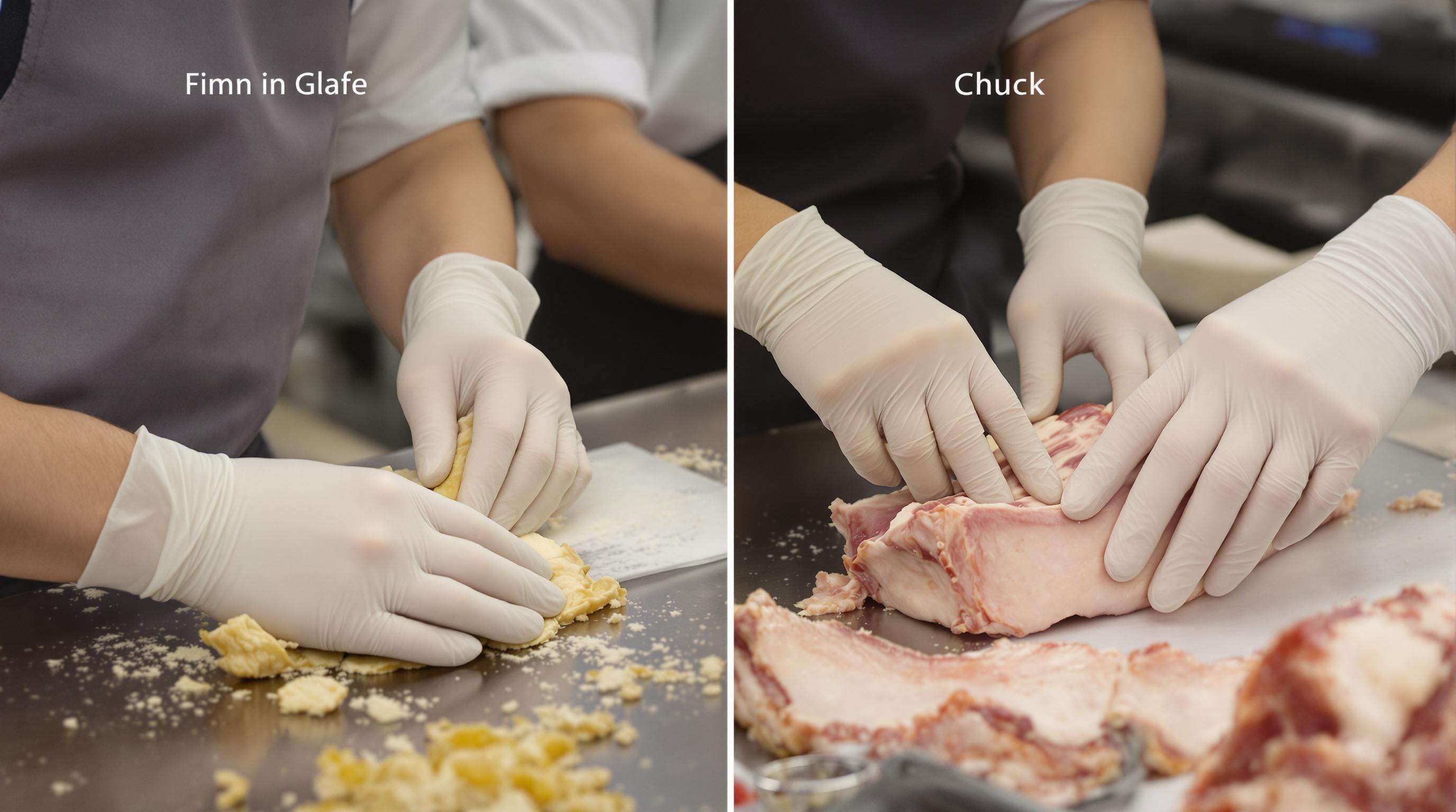 Food workers in a kitchen wearing thin and thick gloves, one shaping pastry and another deboning meat, demonstrating glove fit and grip in action.