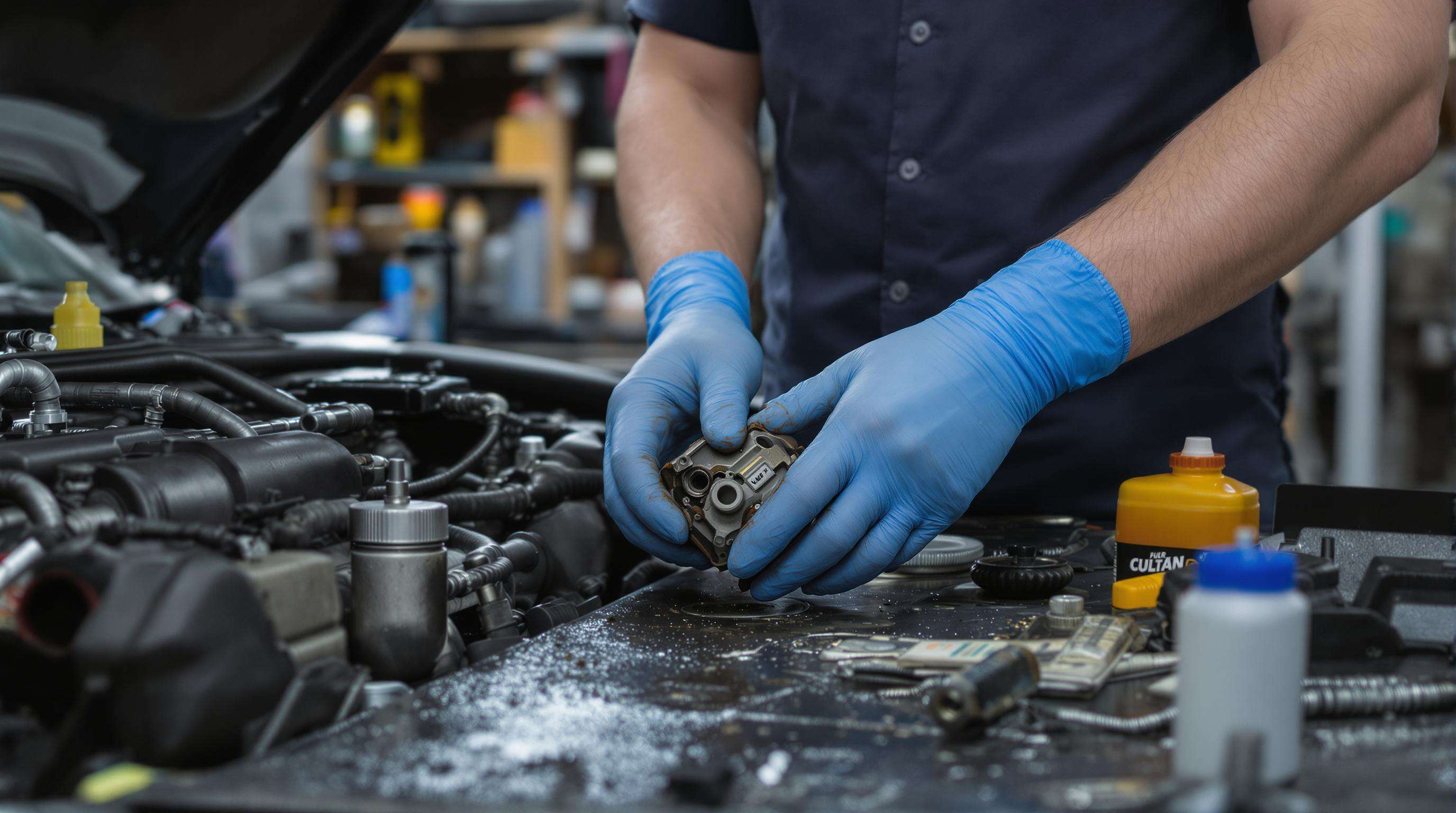 Auto technician using latex gloves to handle oily car parts safely