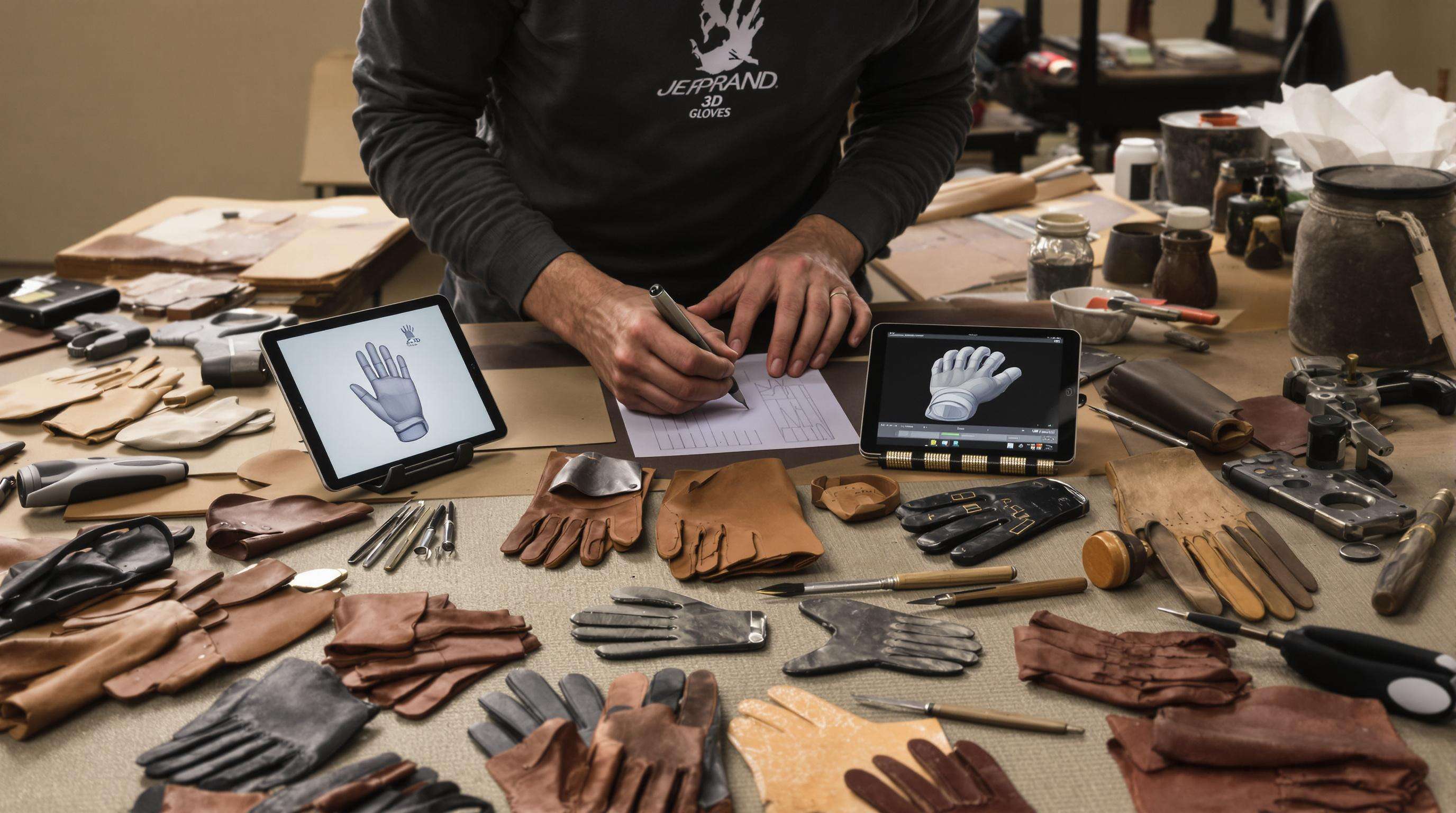 Photo of a craftsman and athlete designing custom gloves with prototypes, measuring tools, and digital models in a workshop setting.
