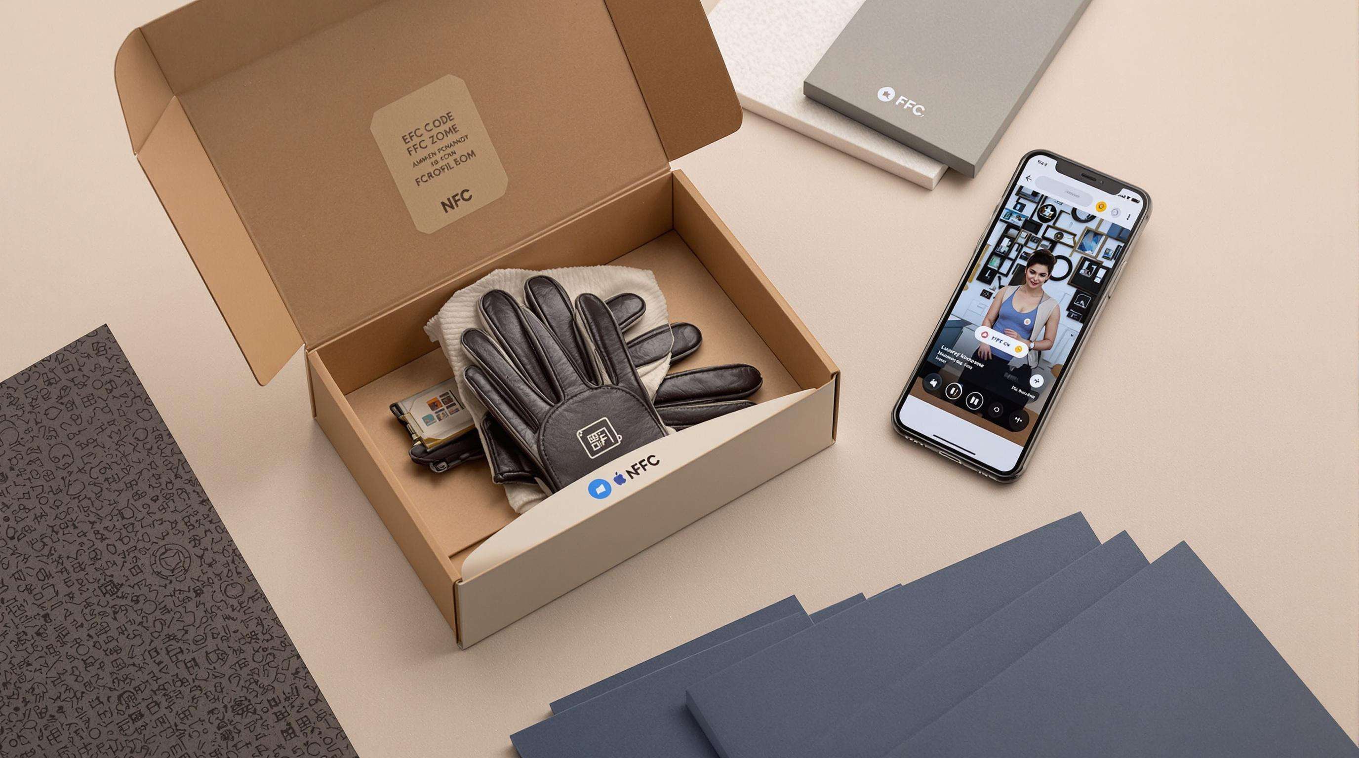 Luxury glove packaging featuring smart technology and sustainable materials arranged with smartphones