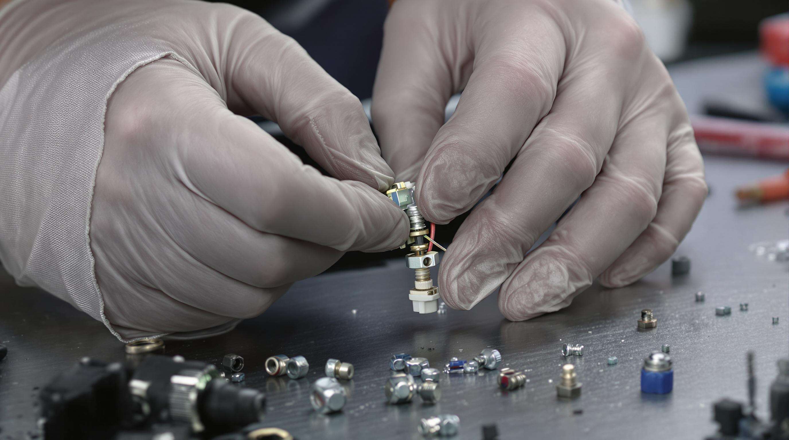 Close-up of gloved hands performing precise automotive assembly work