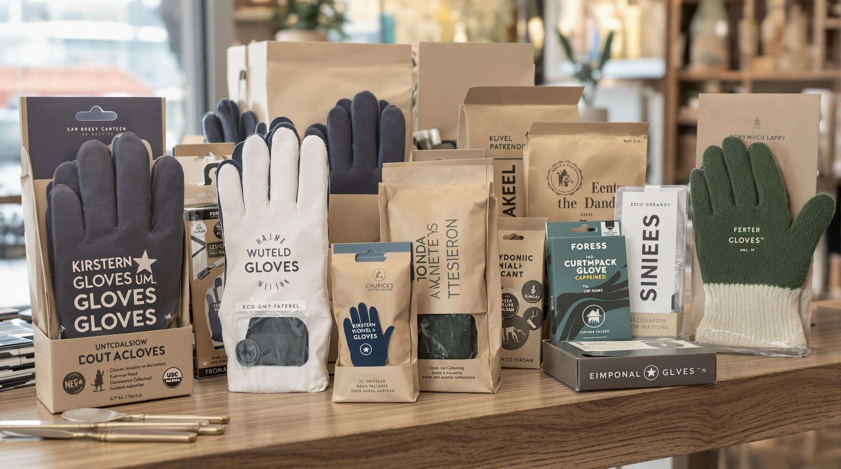 Various glove packages displaying distinct colors, materials, and finishes on a retail table