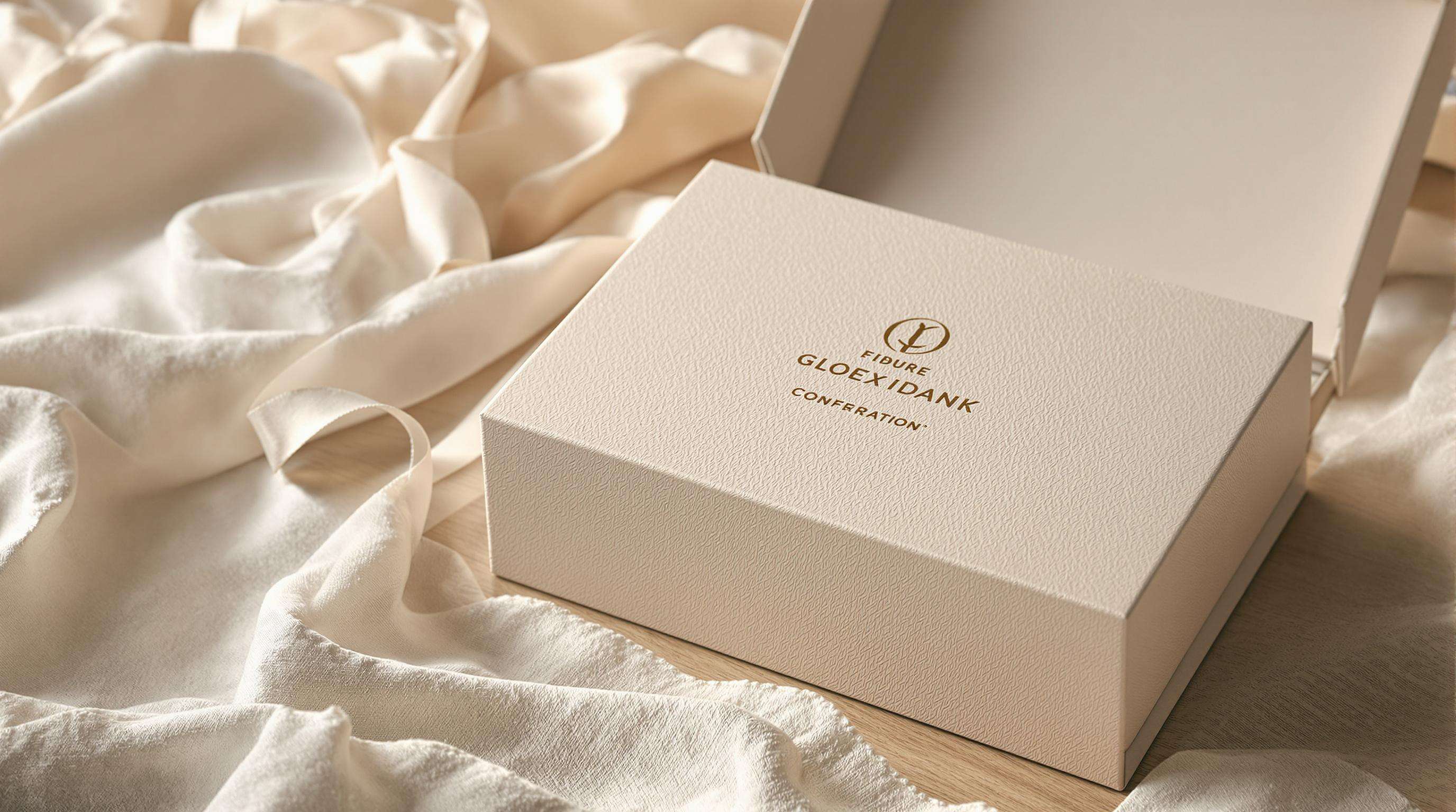 Luxury glove packaging with textured and embossed finish, soft ribbon, and minimalist design on a wooden surface