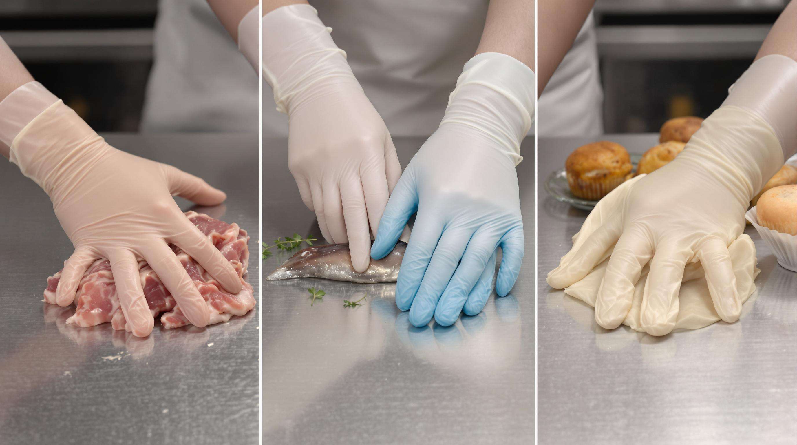 Close-up of hands wearing nitrile, latex, and vinyl gloves handling various foods on a kitchen counter, highlighting their textures and differences.