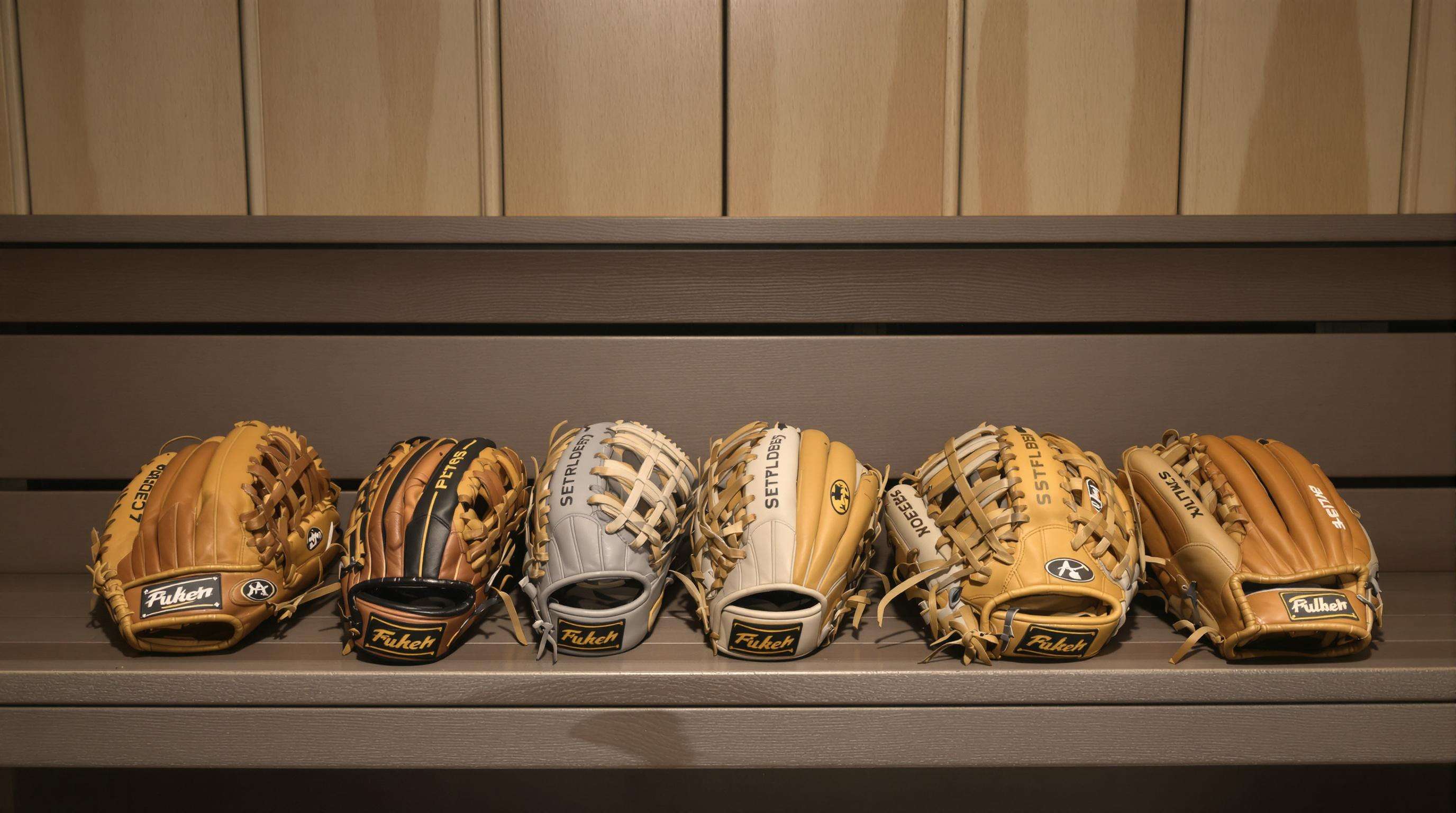 Photo of baseball gloves with varied wrap designs for different player positions, arranged on a locker room bench.