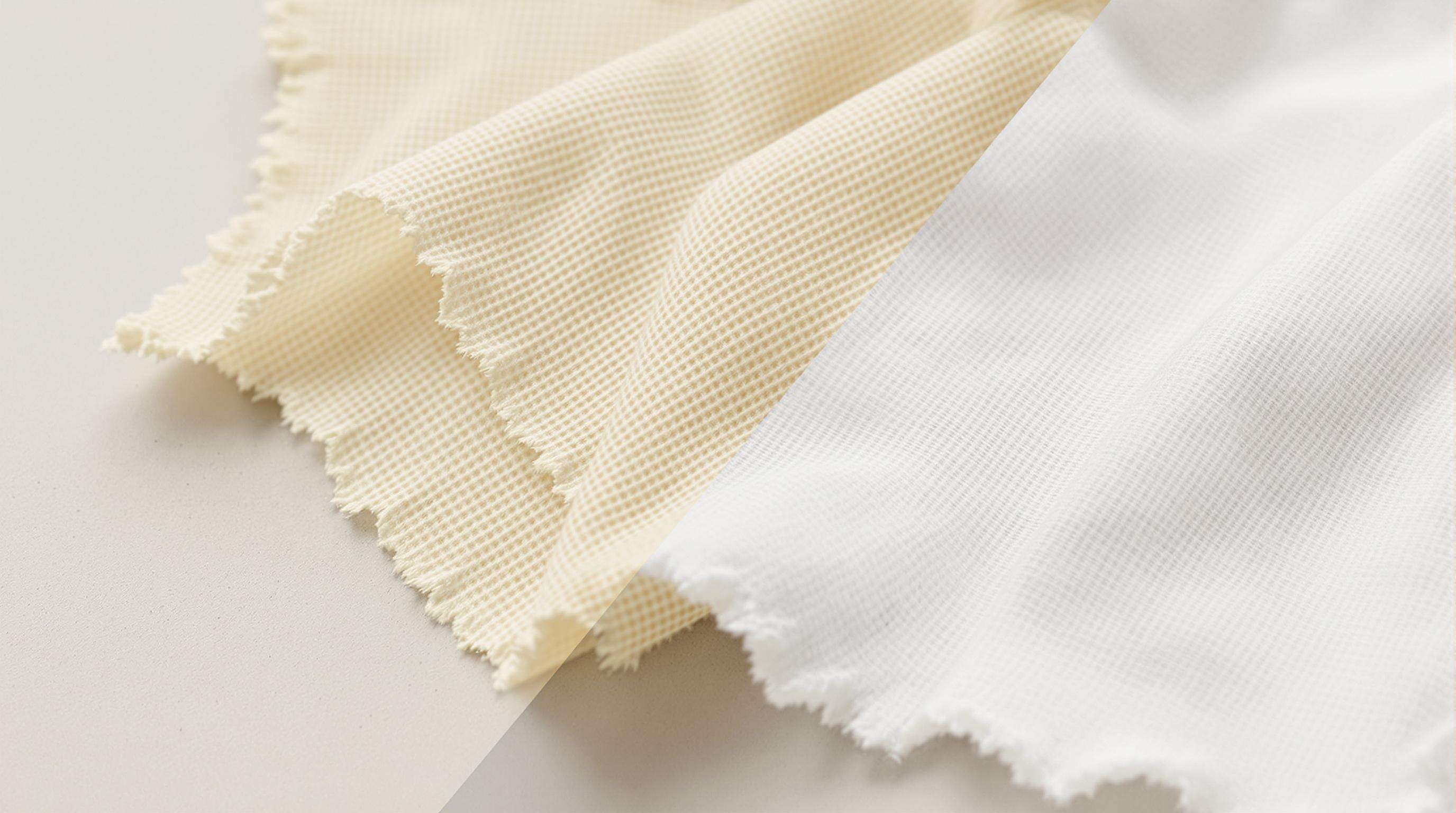 Macro close-up of bamboo fiber wipe next to a cotton wipe, highlighting fine weave and texture differences