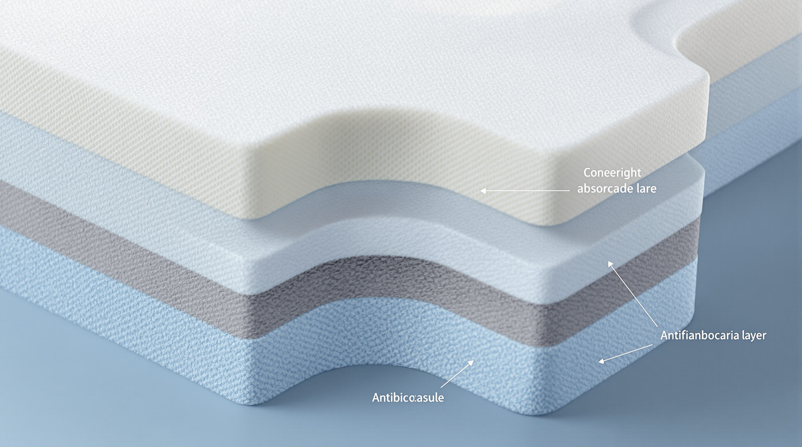Cross-section of an overnight sanitary pad highlighting advanced odor-control layers and materials