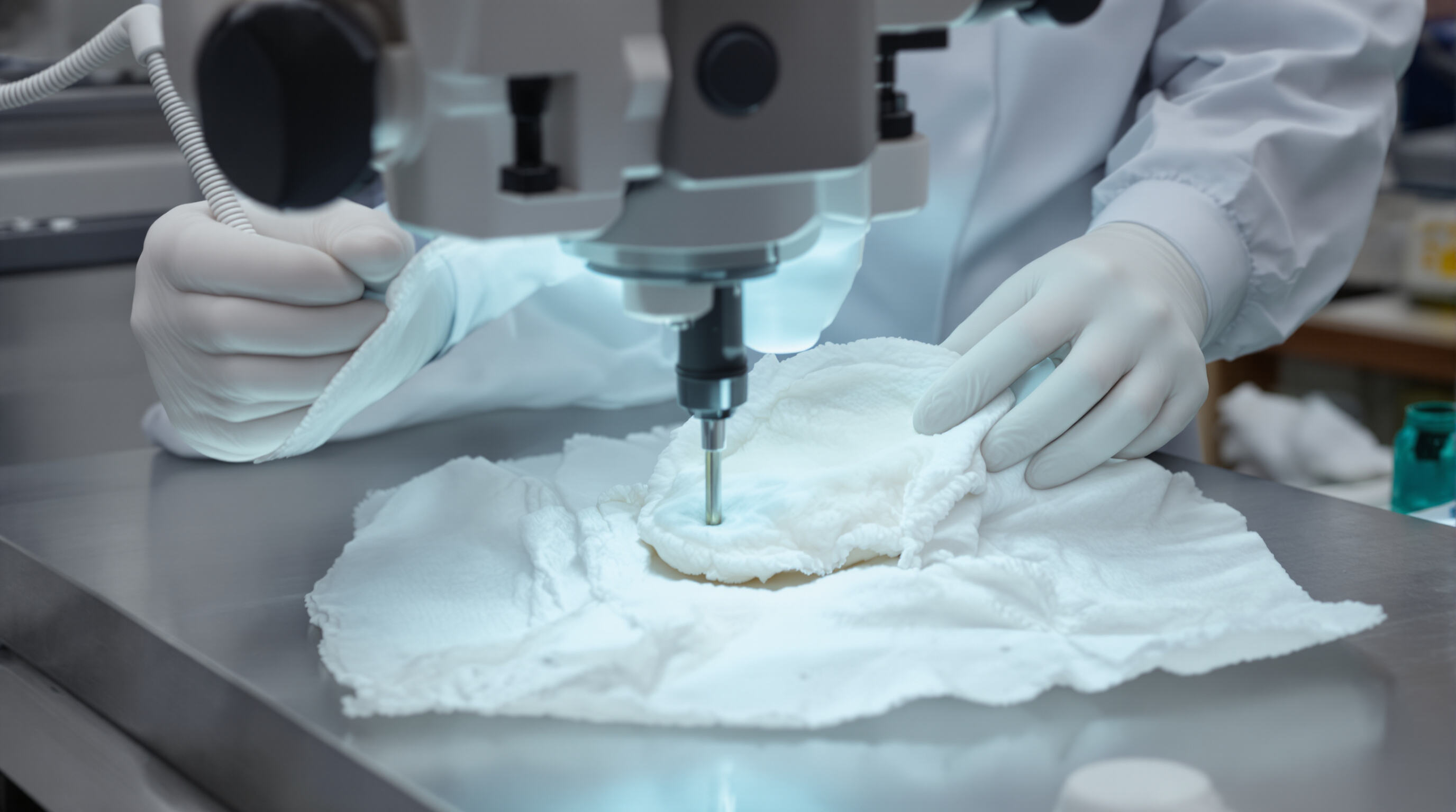 Laboratory technician using equipment to test baby diaper absorbency in a controlled lab setting