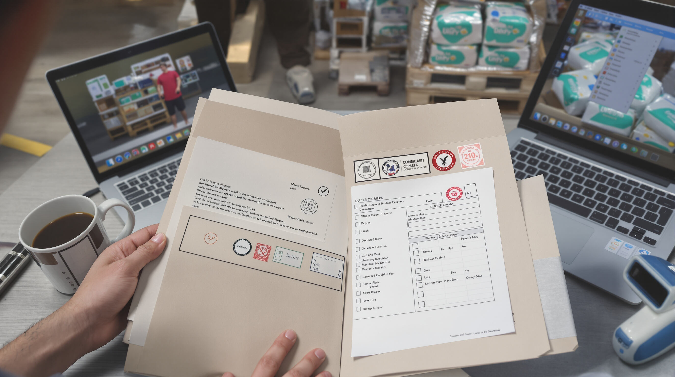 Logistics manager reviewing shipment documents for diaper cargo at dock with containers and digital checklist