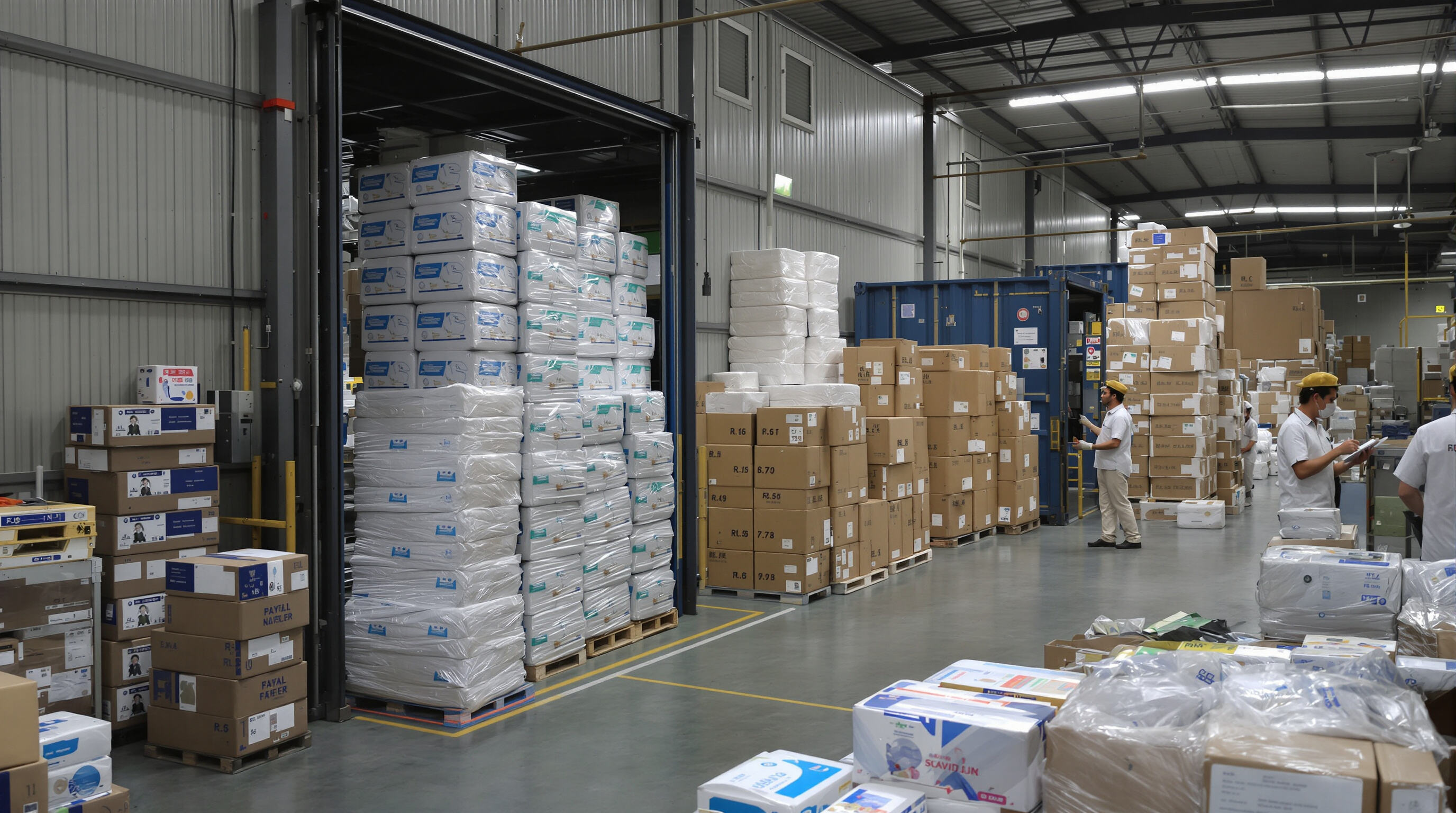 Worker reviewing shipment costs for sanitary napkin exports in an Asian shipping facility