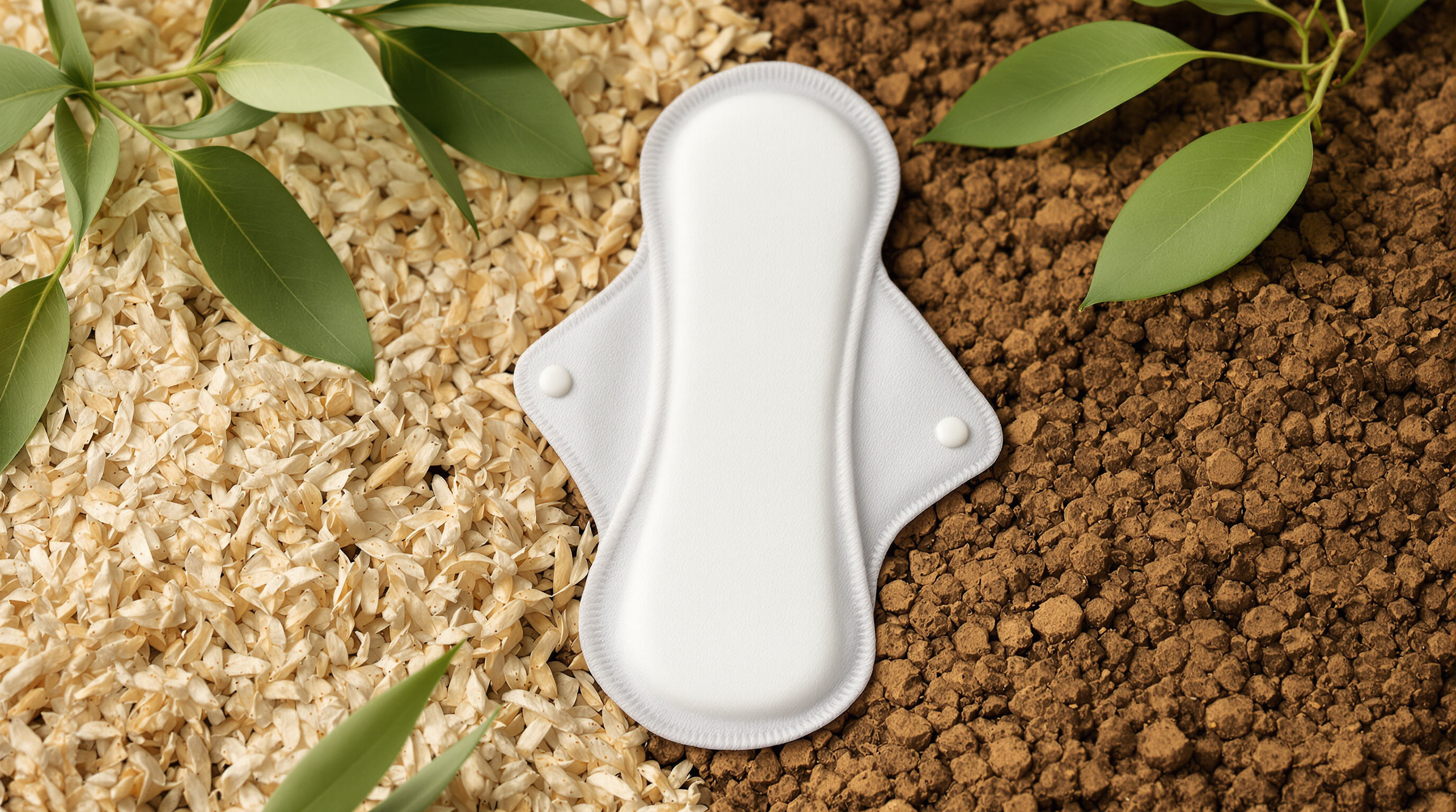 Biodegradable sanitary pad displayed on bamboo, cornstarch, and earth to emphasize sustainability and natural materials