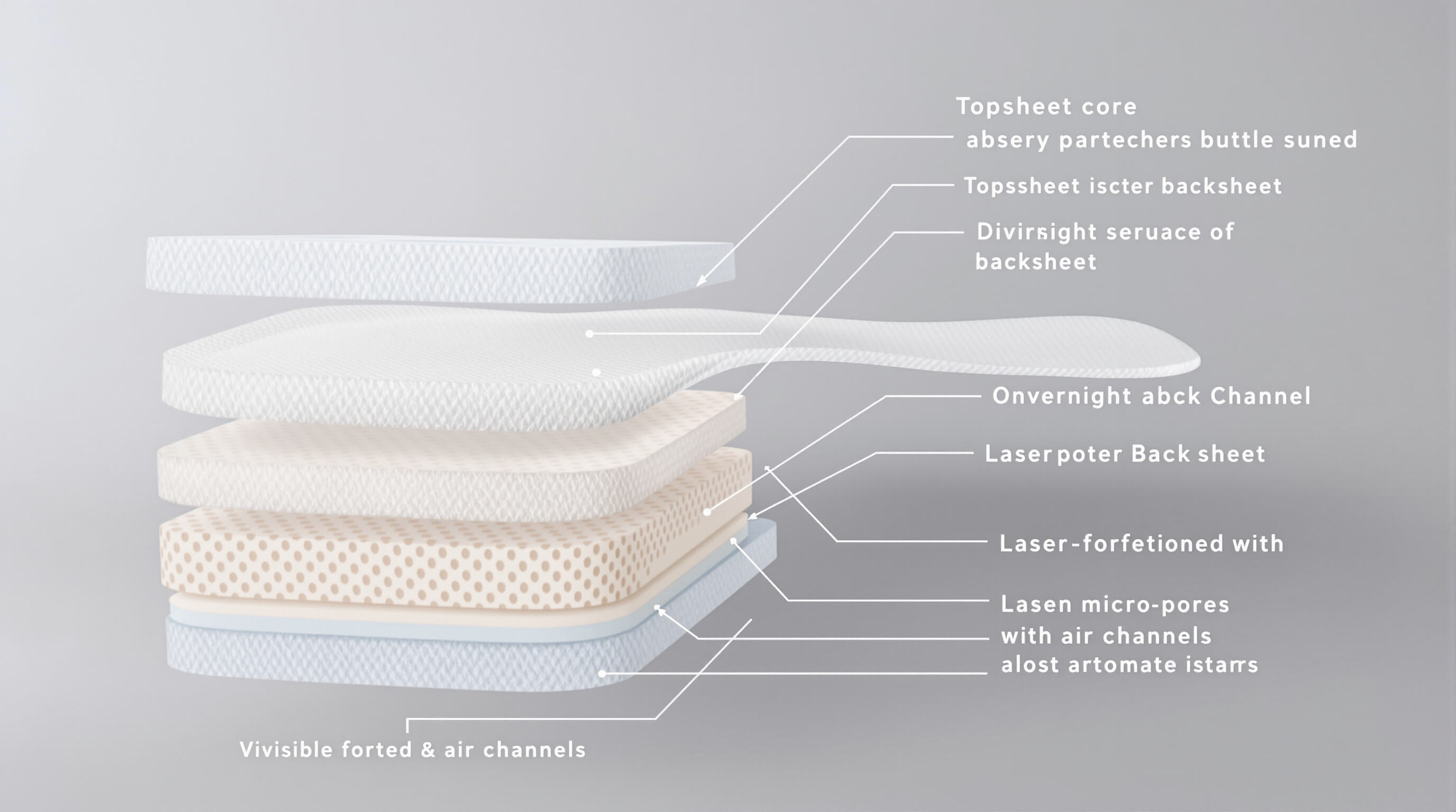 Cross-sectional view of overnight sanitary pad layers with micropores and air channels.
