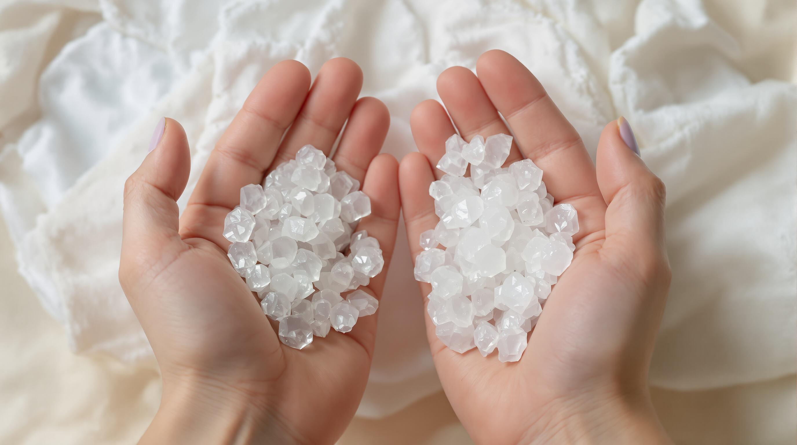Close-up of hands holding gel-like SAP crystals next to a baby diaper showing dry surface