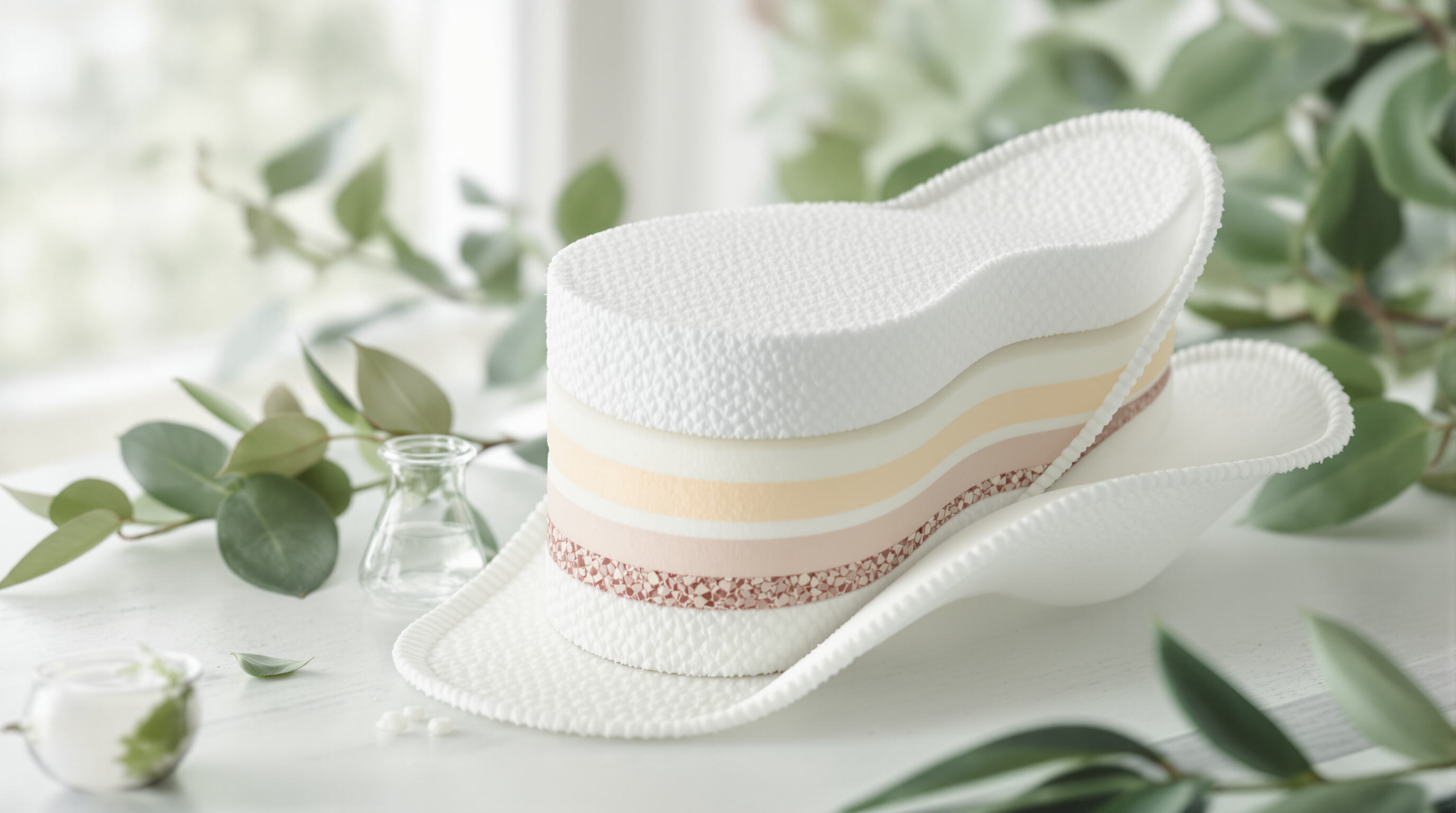 Cross-sectioned sanitary pad cores displaying gel, pulp, and eco-friendly layers with plant material and hydrogel beaker