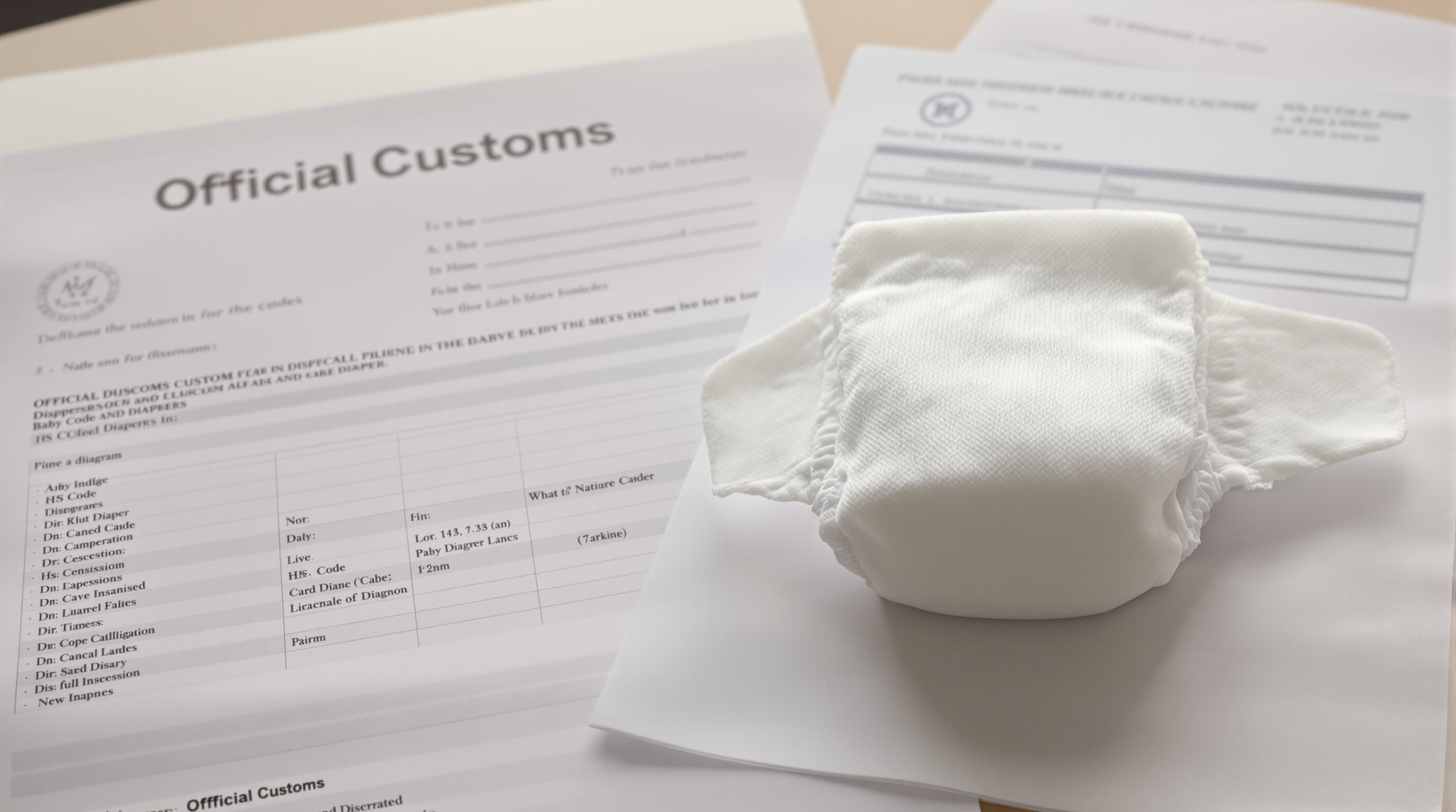 Disposable baby diaper on a desk next to customs paperwork and a printed code diagram
