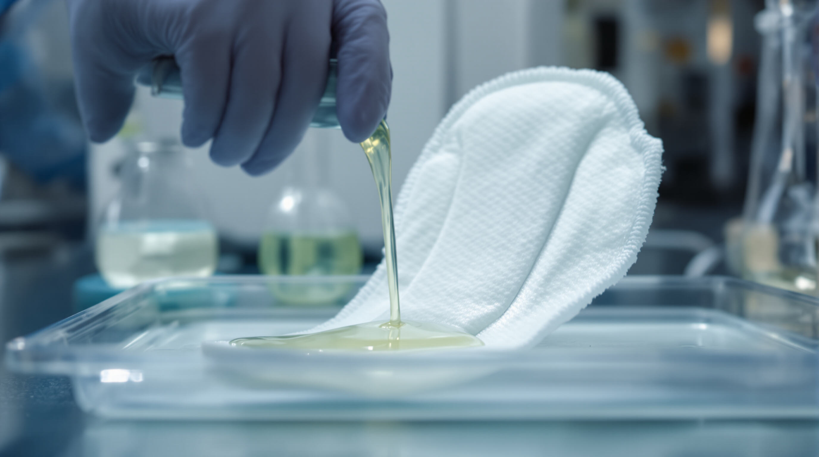Laboratory technician performing absorbency test on a sanitary pad using fluids and lab equipment
