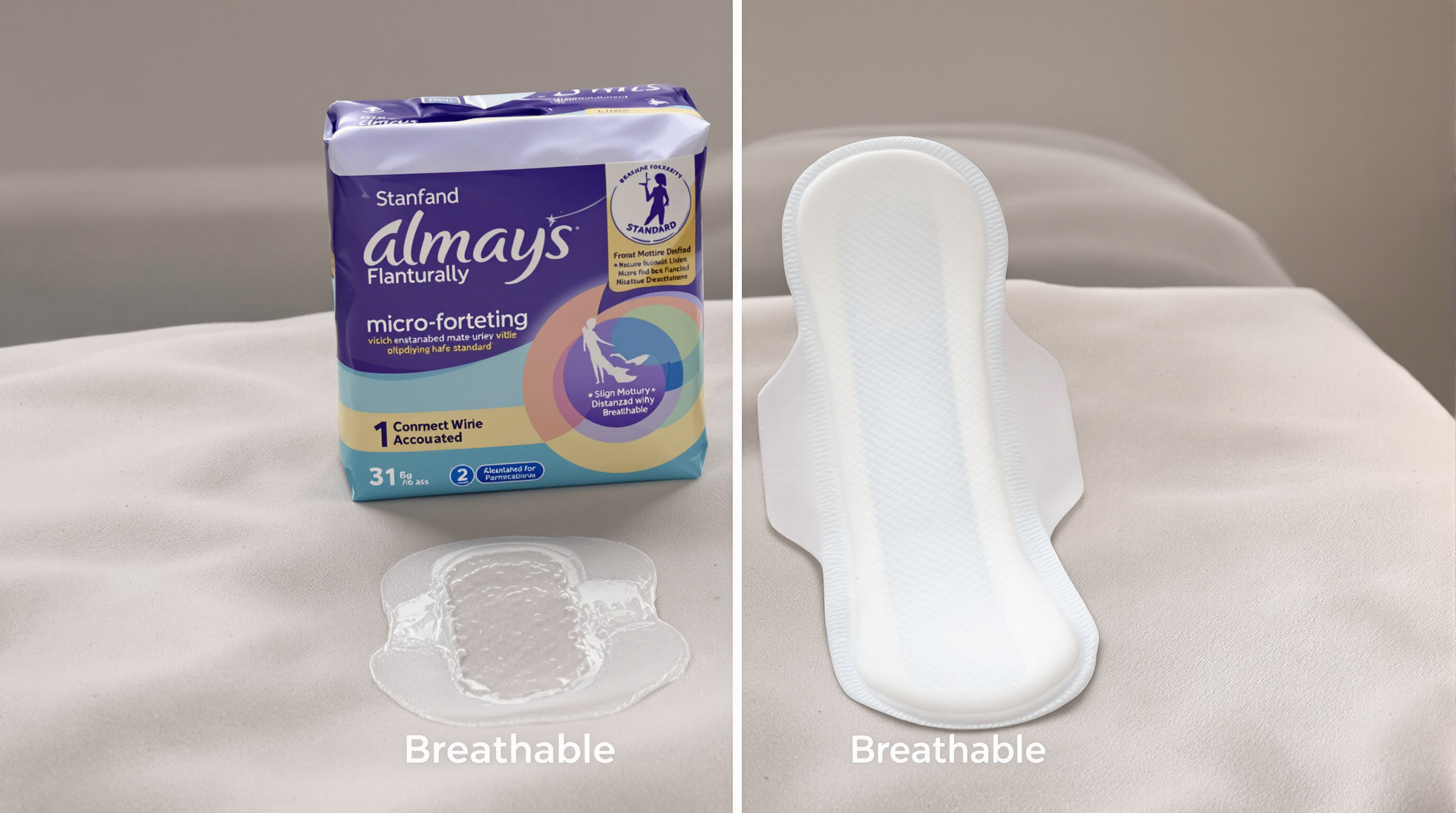 Comparison of standard and breathable sanitary pads illustrating reduced moisture with advanced design.