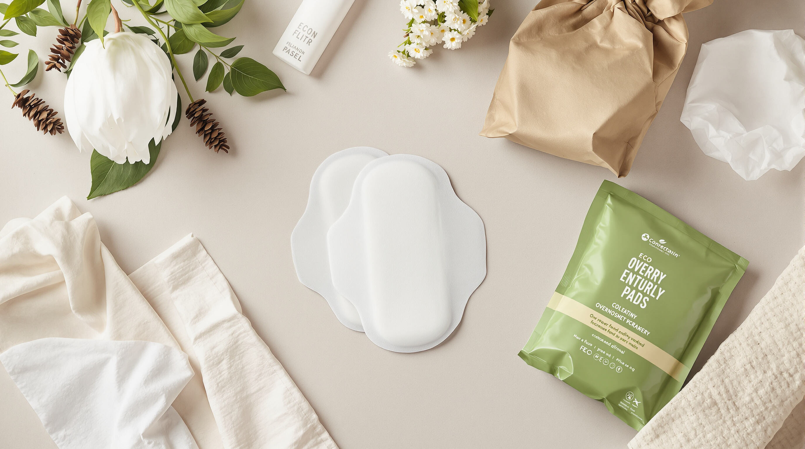 Realistic photo of eco-friendly sanitary pads and biodegradable wrappers on a neutral surface