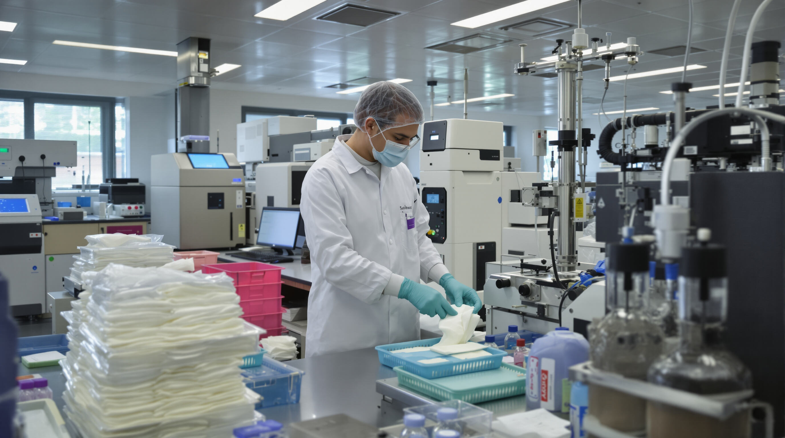 Lab technician testing sanitary napkin samples with chemical analysis instruments in a modern lab