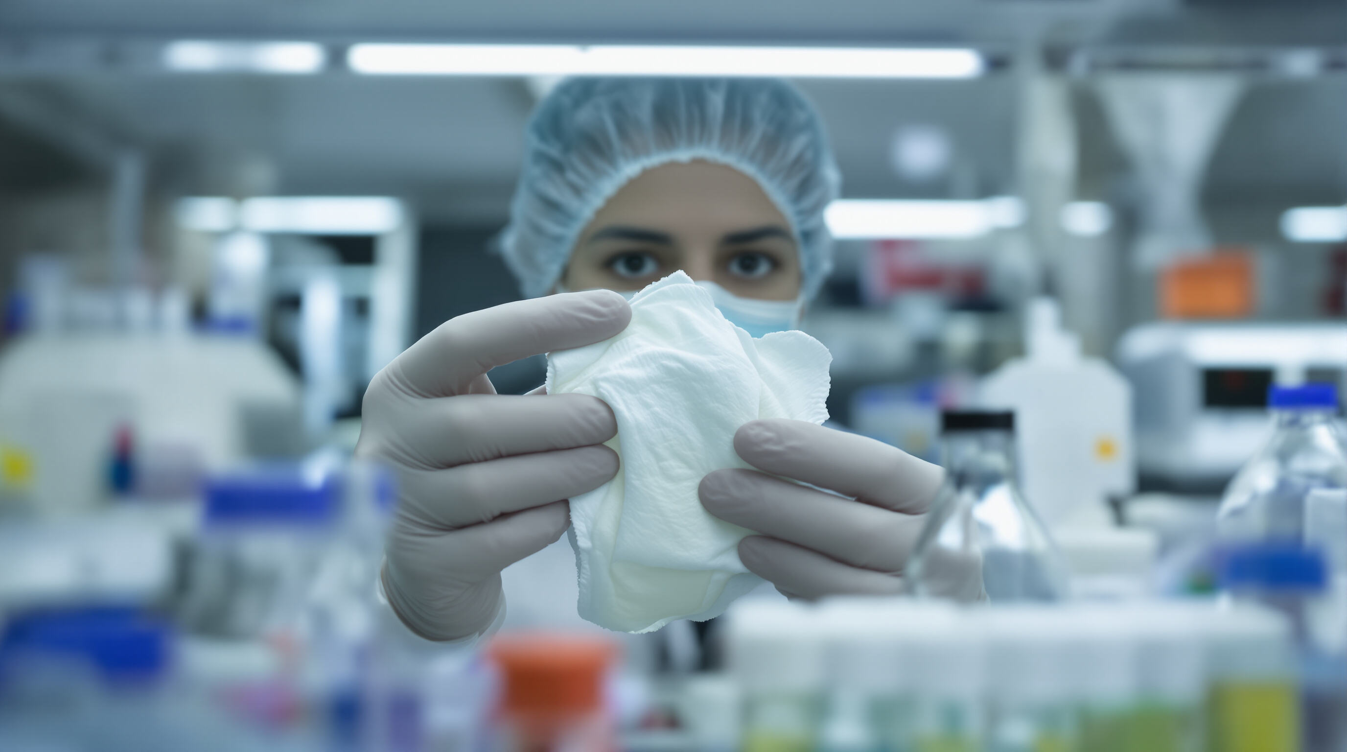 Laboratory technician examining diaper samples with scientific instruments in a lab setting