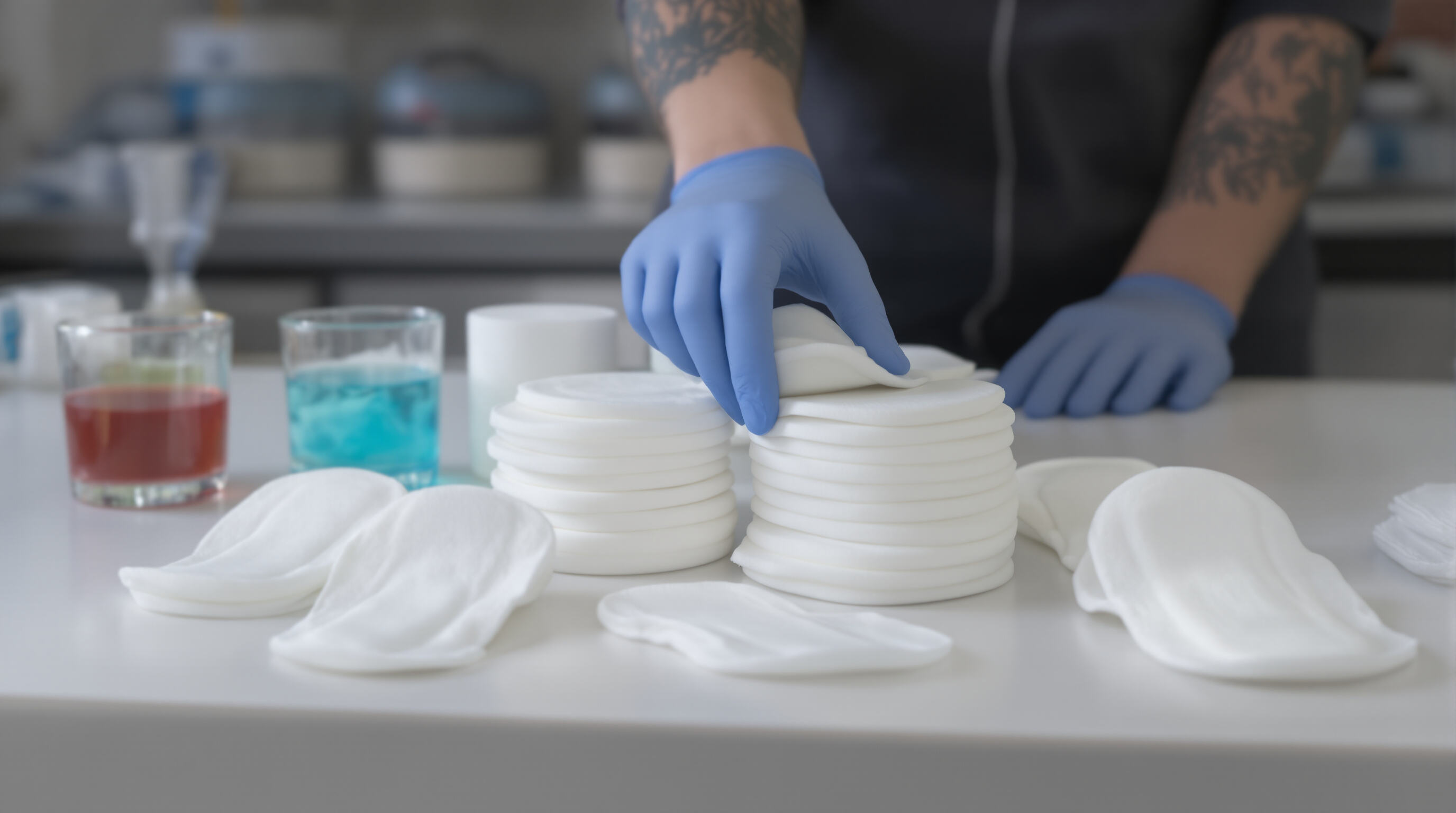 Sanitary pads on a lab bench with testing equipment and colored fluid, ready for absorbency evaluation