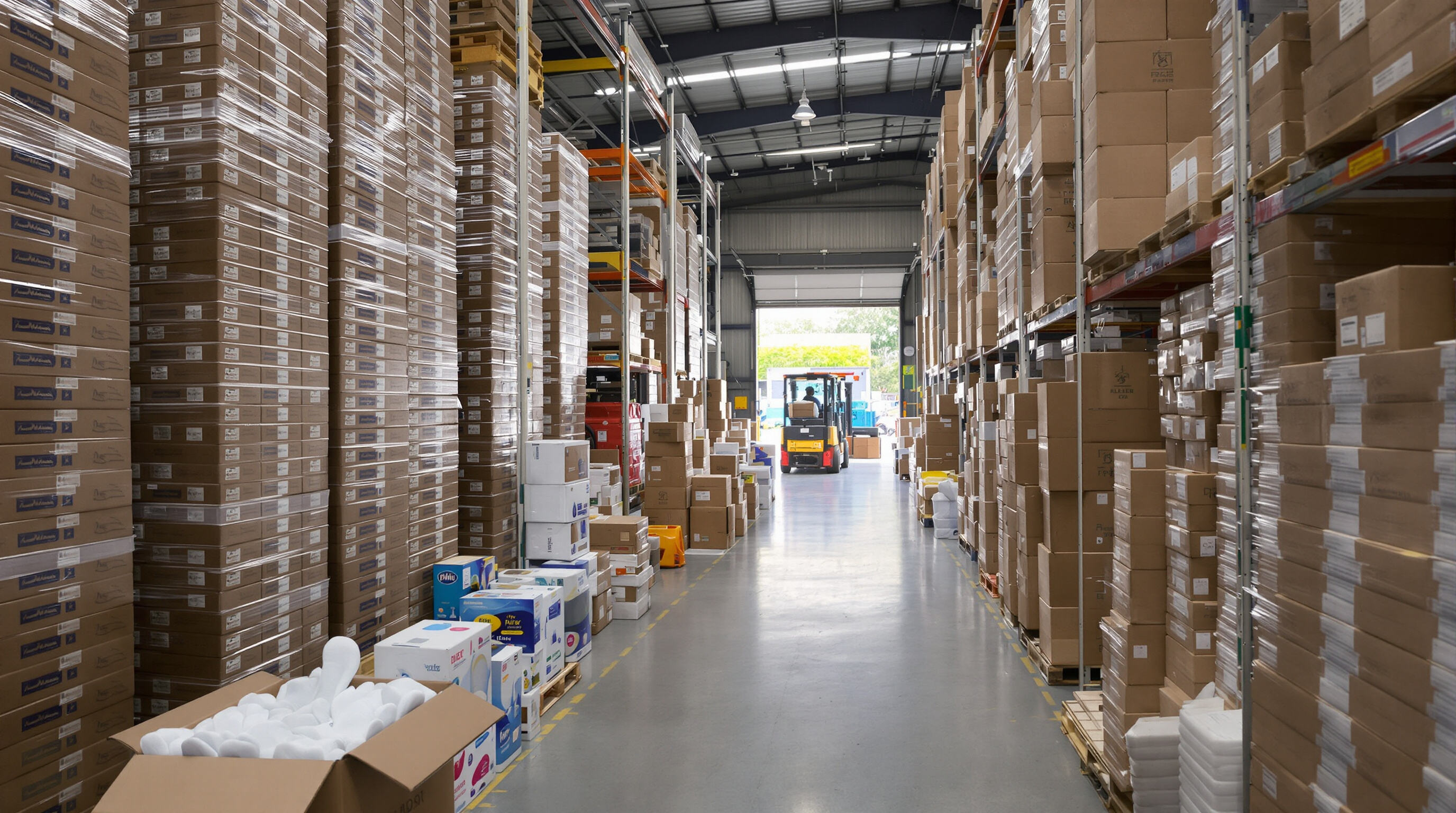 Warehouse filled with sanitary pad boxes and active loading operations illustrating supply chain logistics
