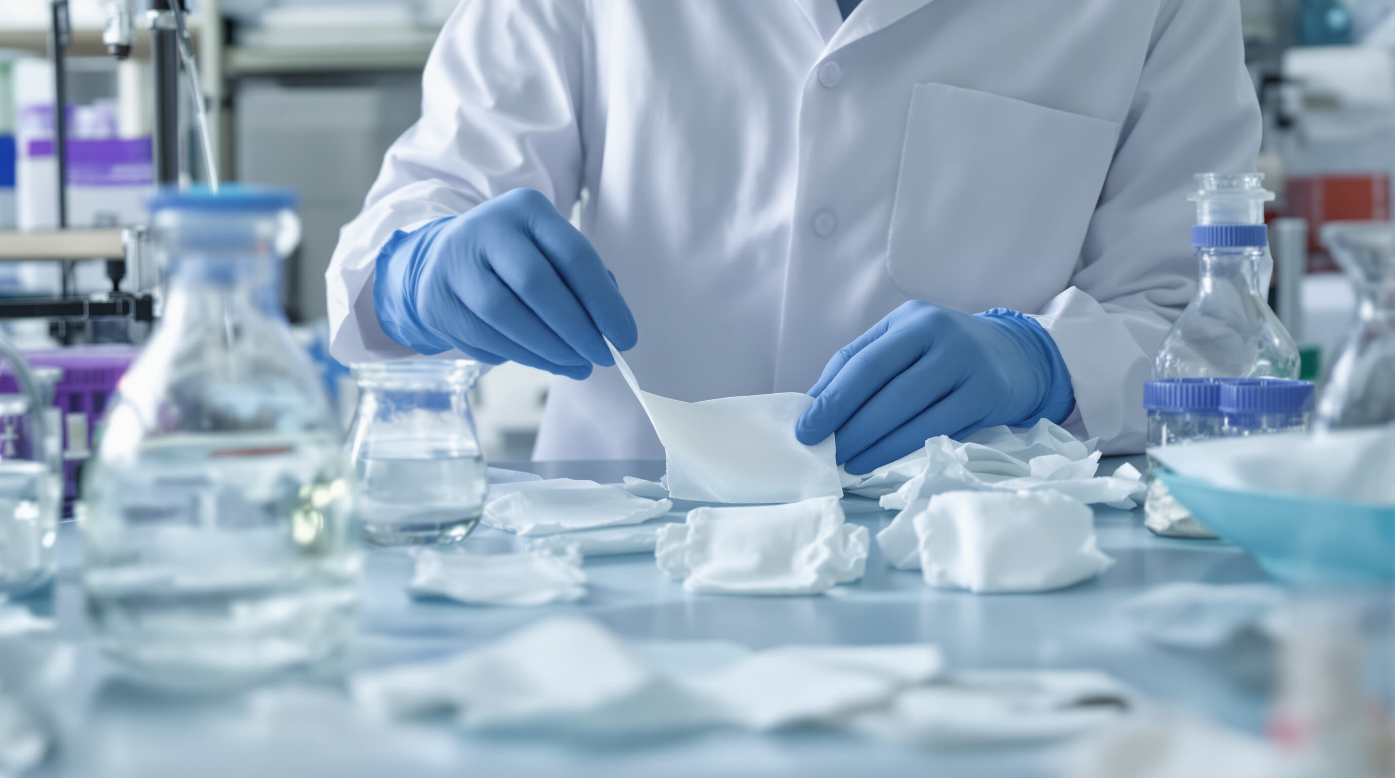 Lab technician testing sanitary napkins for chemical safety in a clinical laboratory setting