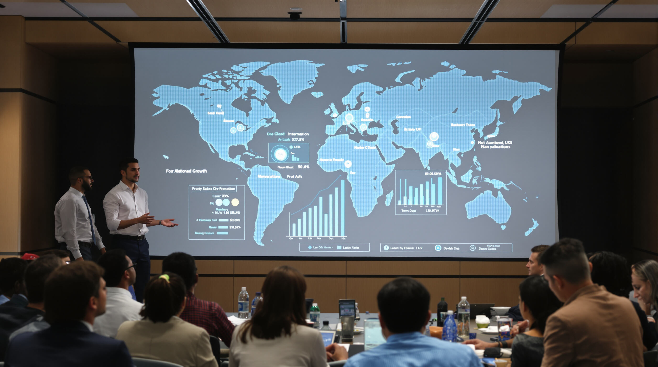 Global business professionals examining projected market growth data in a conference room.