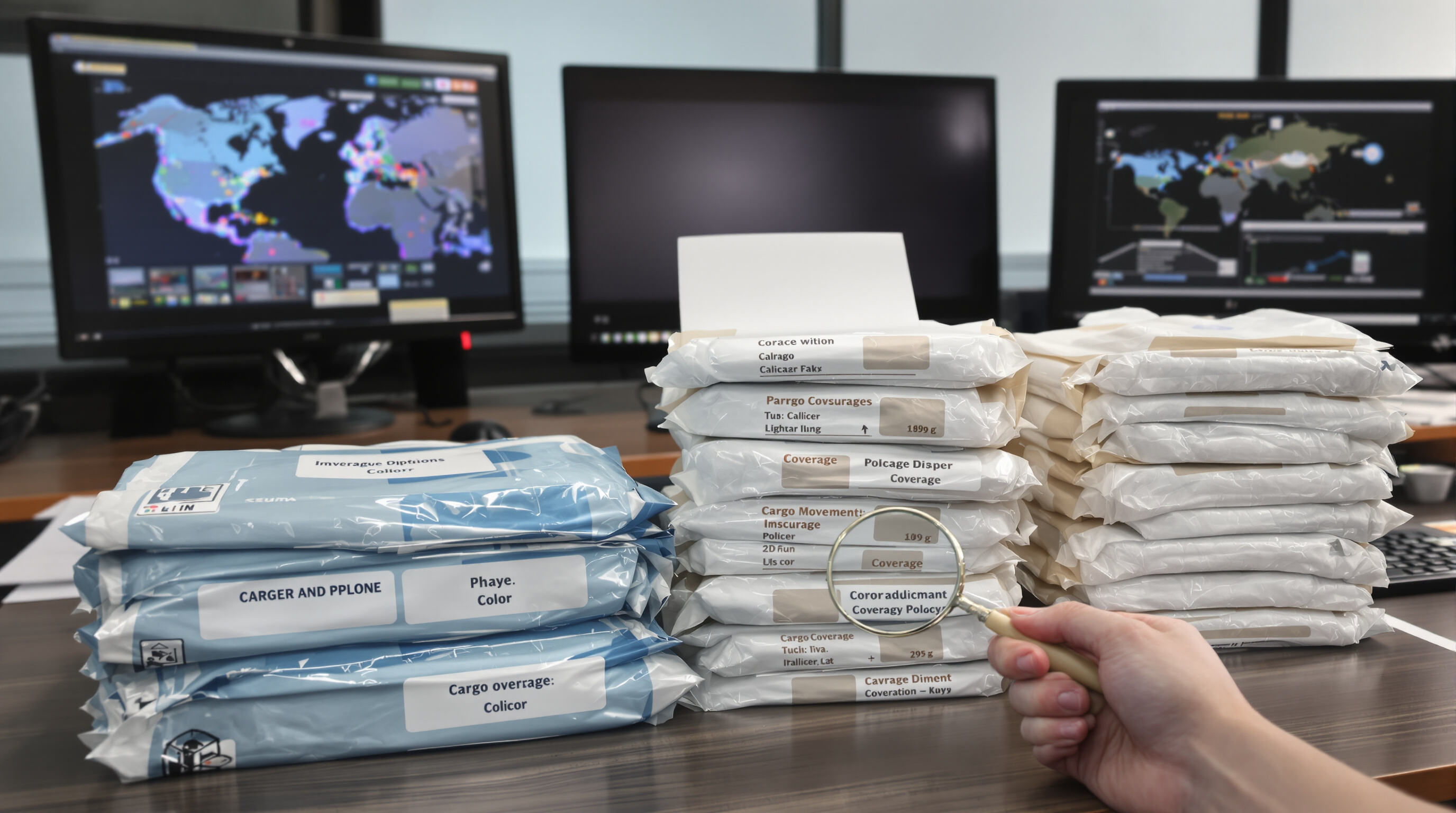 Insurance agent evaluating diaper shipment coverage options with policy folders and sealed diaper packages