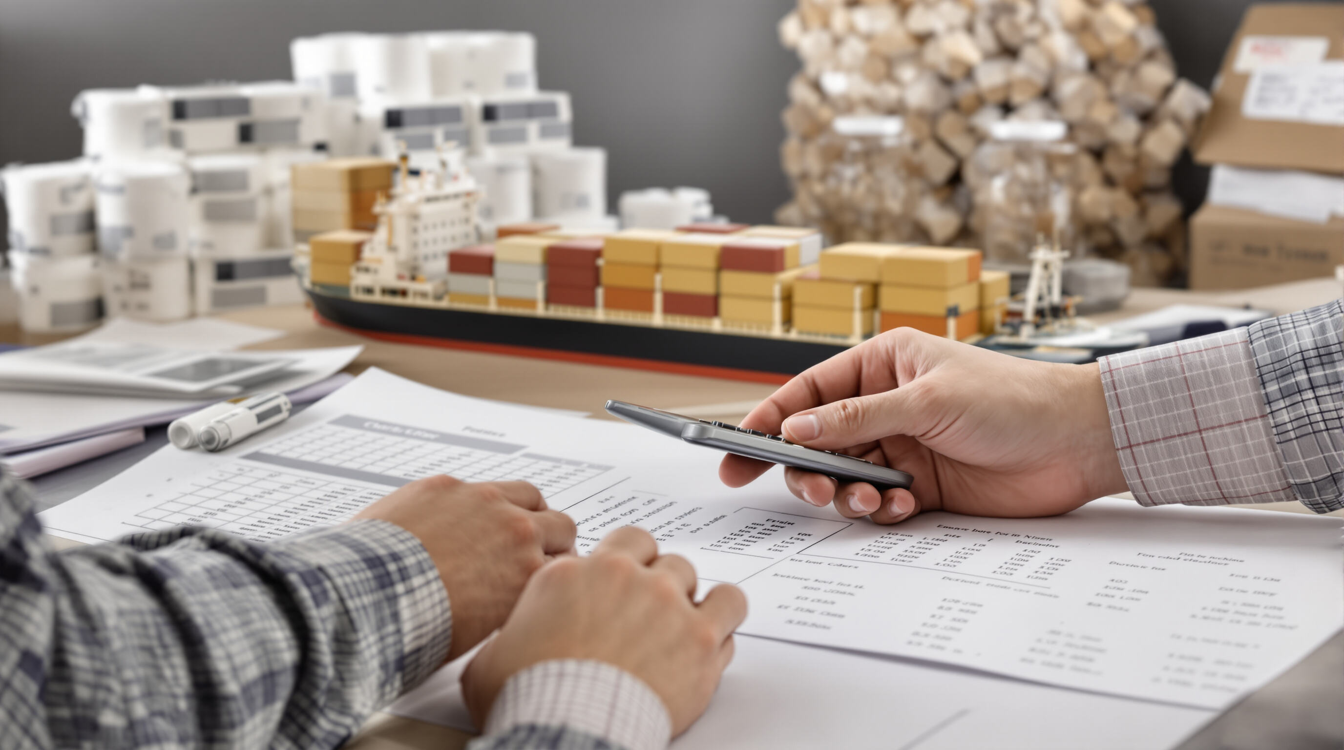 Hands exchanging documents and calculator with cost breakdowns, container ship model and sanitary napkins in background