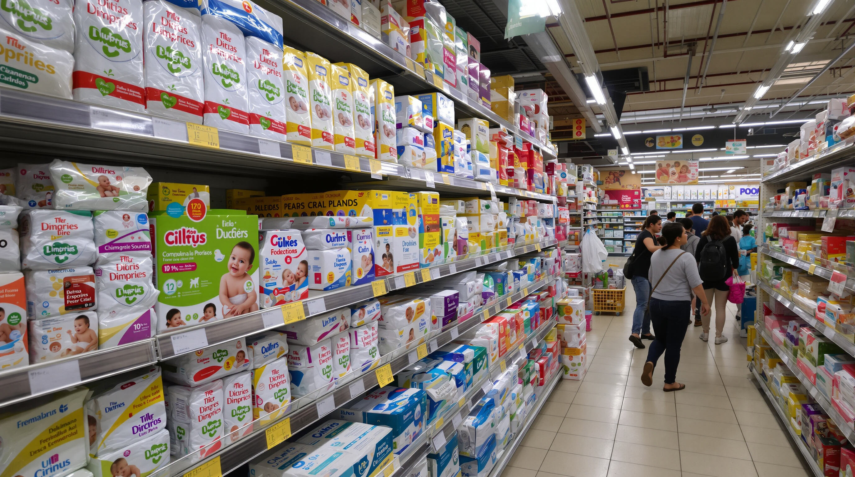 Photo of a Latin American supermarket baby diaper aisle showing private label products and busy shoppers