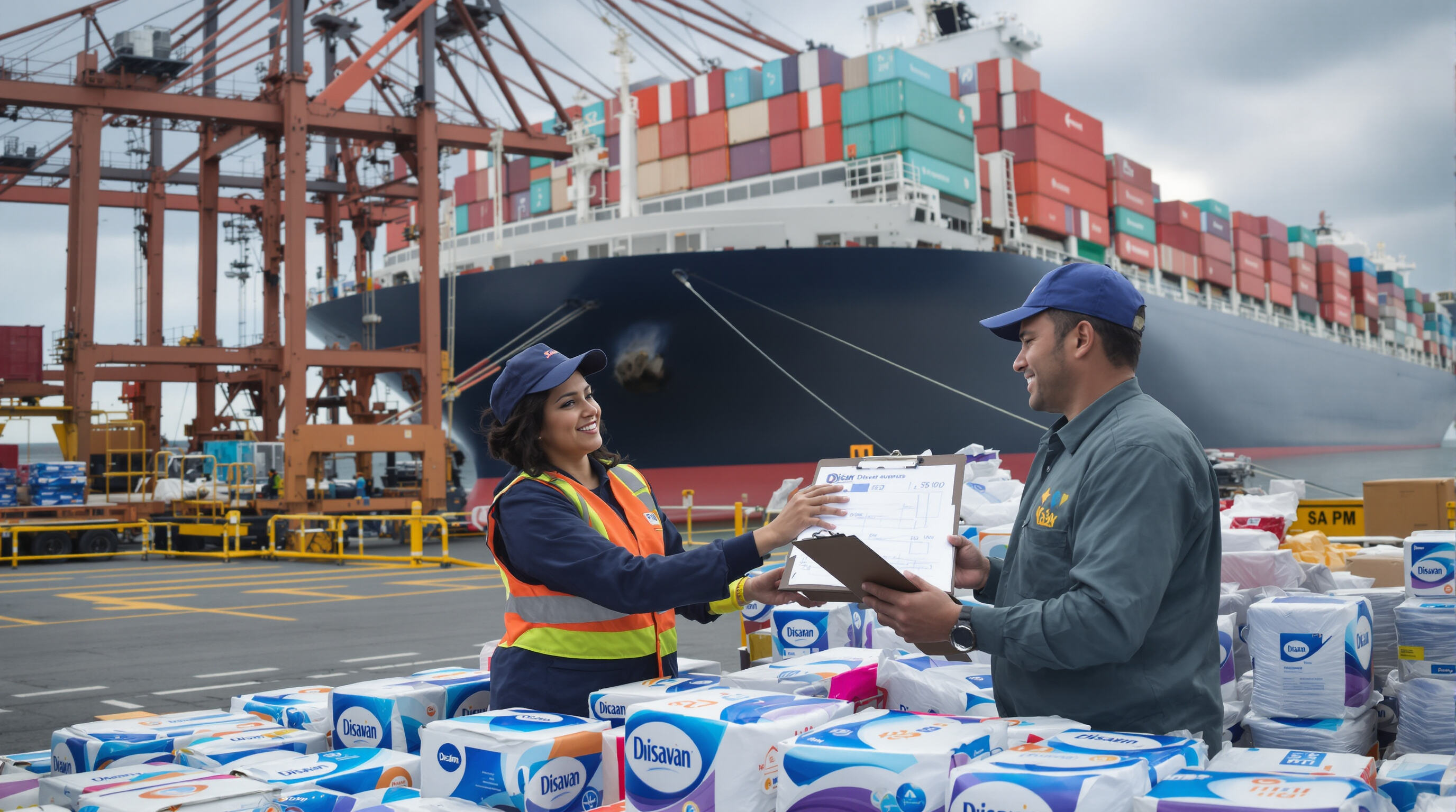 Two professionals at a seaport transferring responsibility for sanitary napkin shipments with a cargo ship in the background