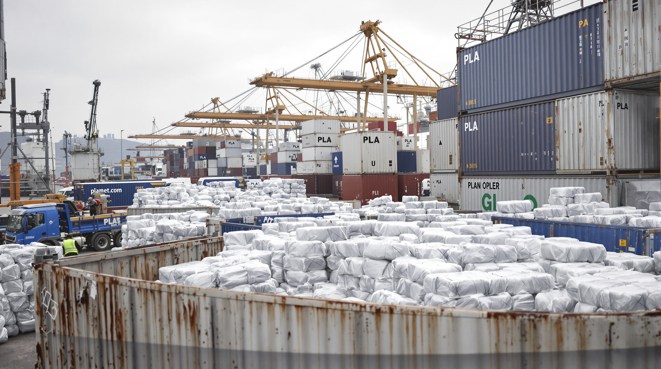 Photo of workers inspecting containers of plant-based raw materials for diapers at a European port.