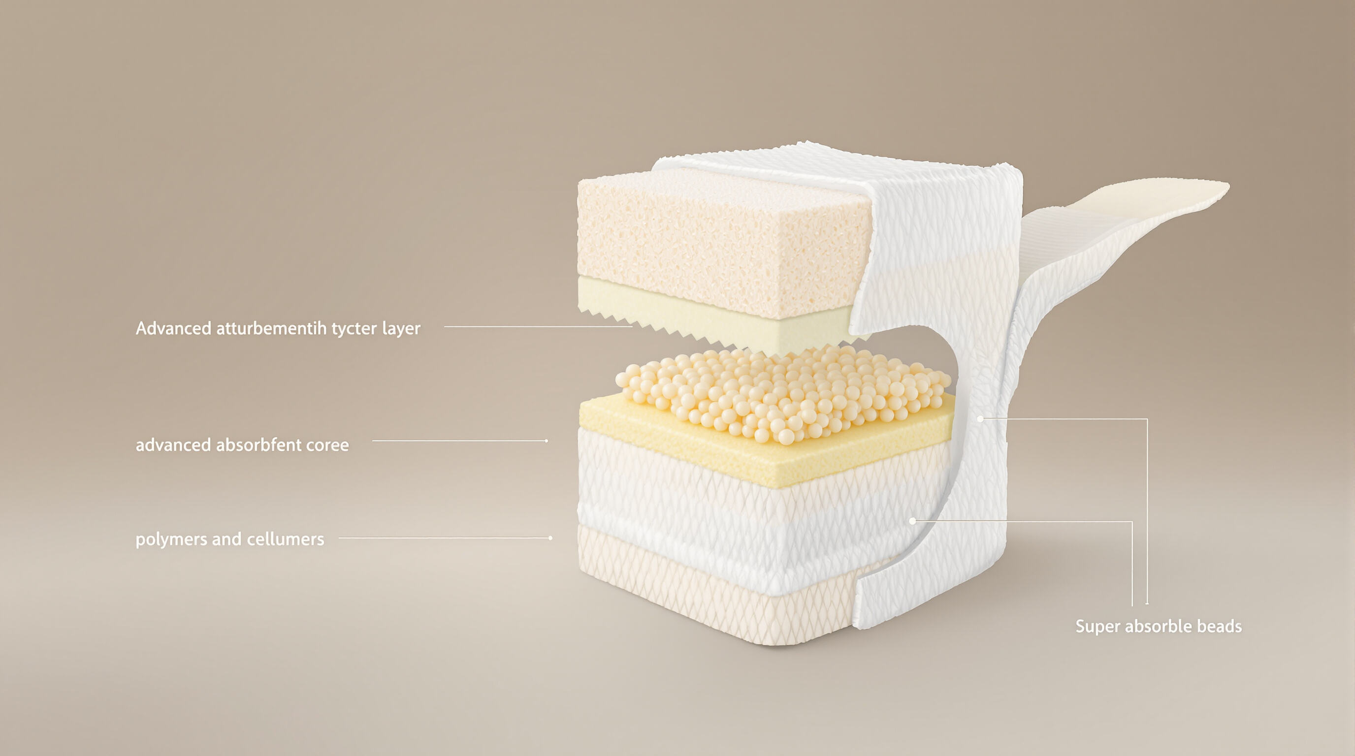 Cross-section view of high-performance baby diaper core showing layered materials and absorbent structures