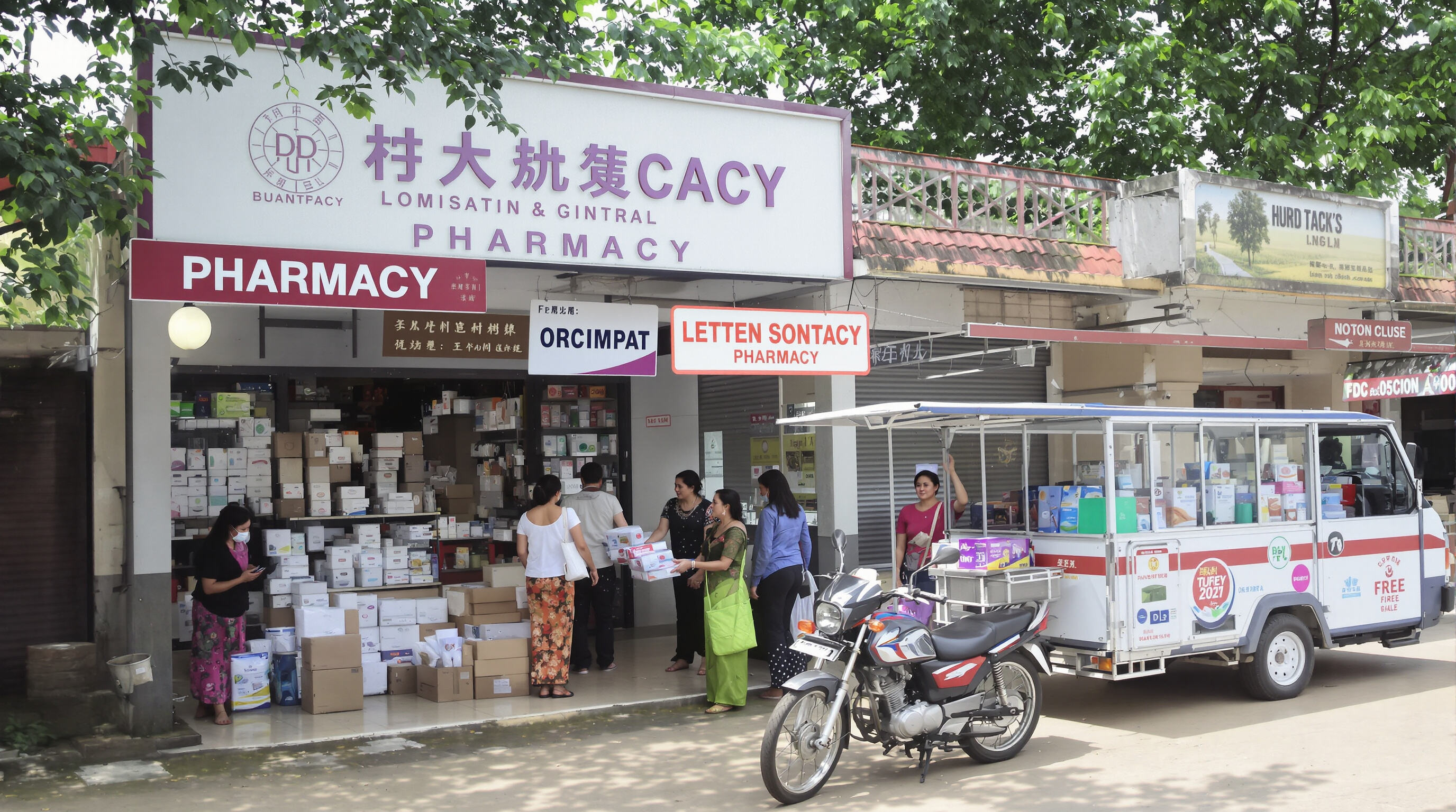 Women accessing winged sanitary napkins at a rural pharmacy and from a motorcycle delivery service.