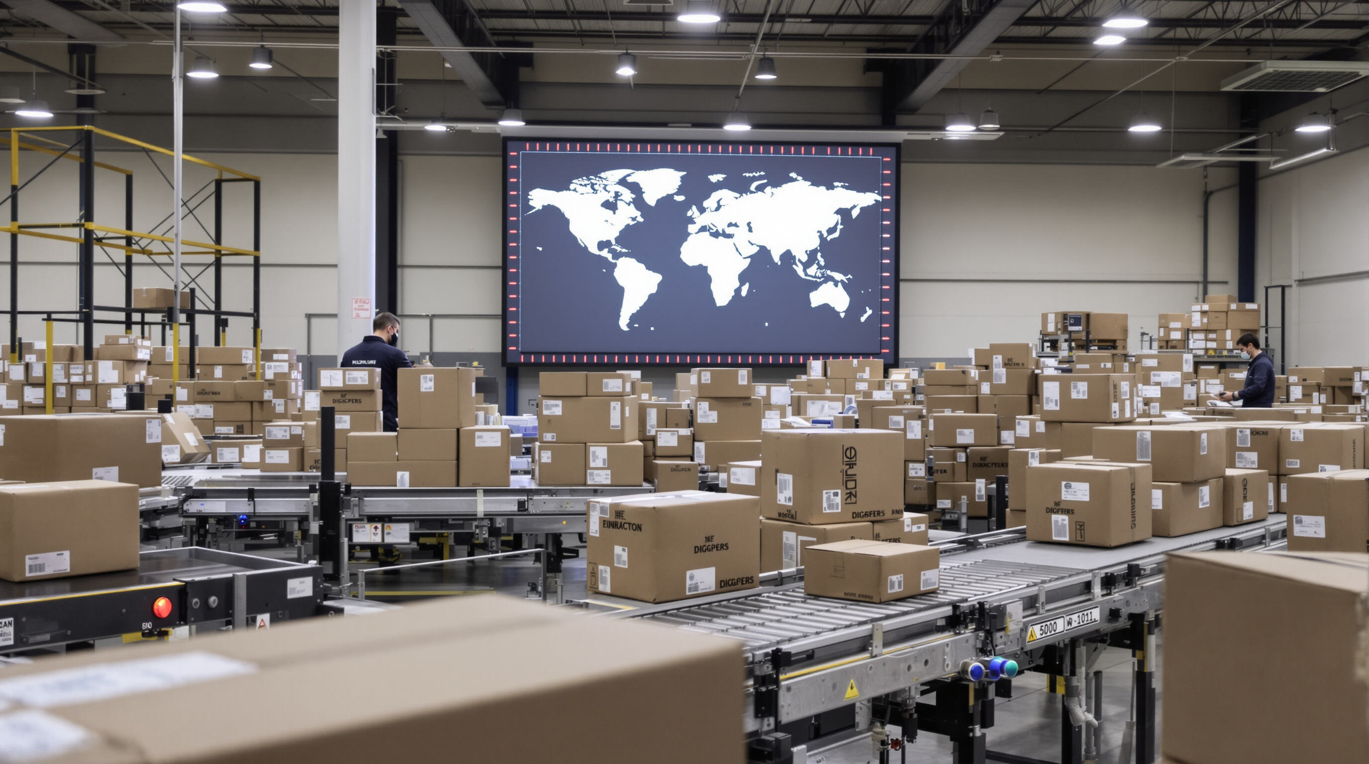 Warehouse workers preparing diaper shipments for global e-commerce distribution