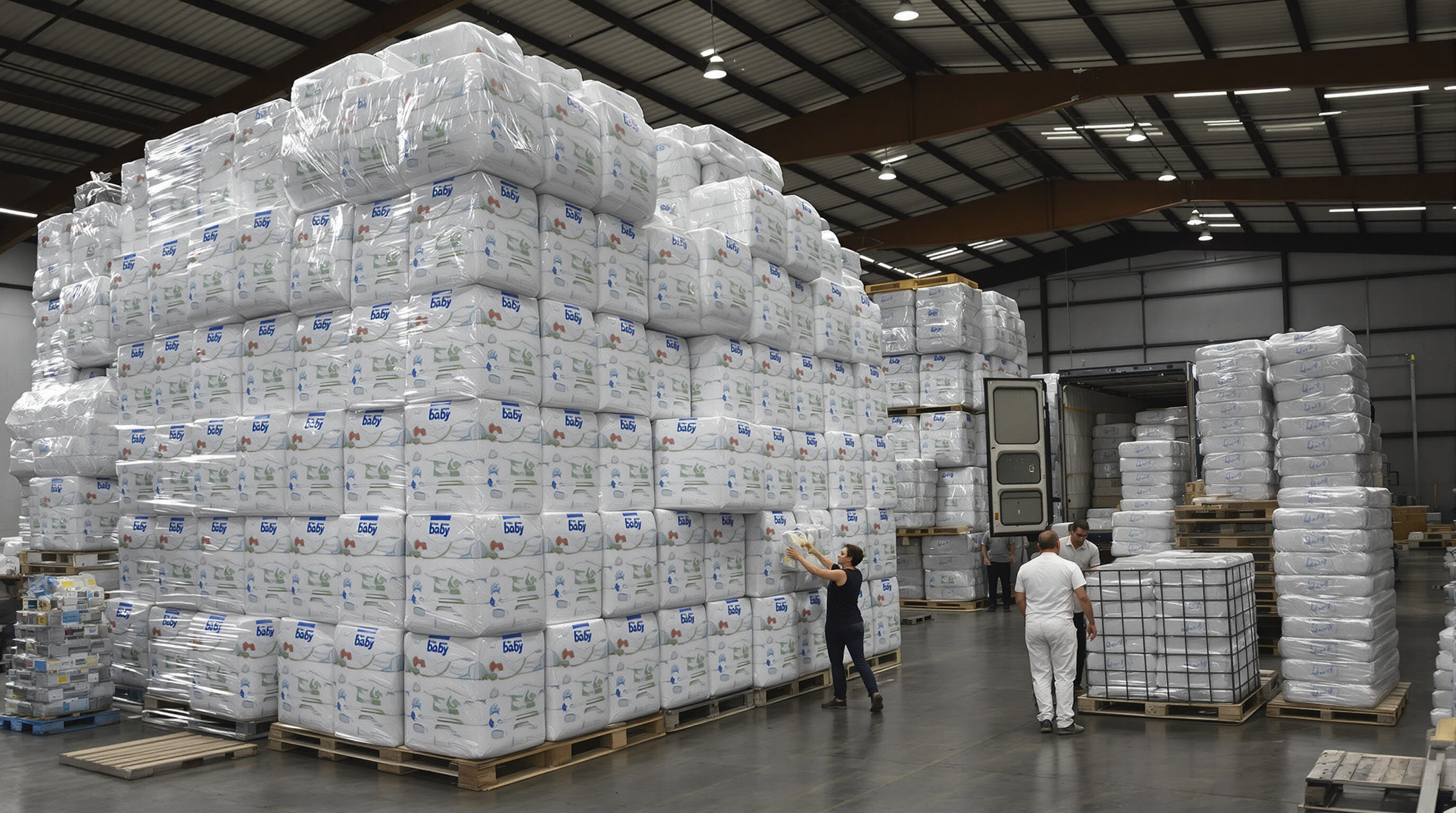 Warehouse with workers handling oversized diaper packages, showing wasted shipping space