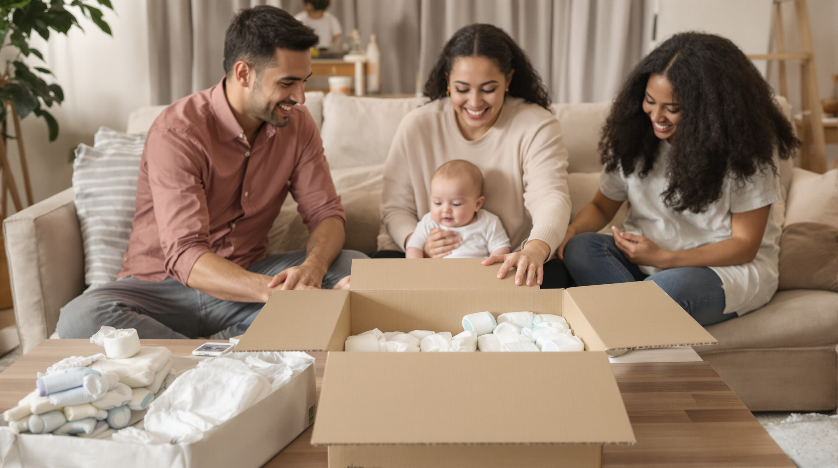 Parents with babies opening a diaper subscription box at home