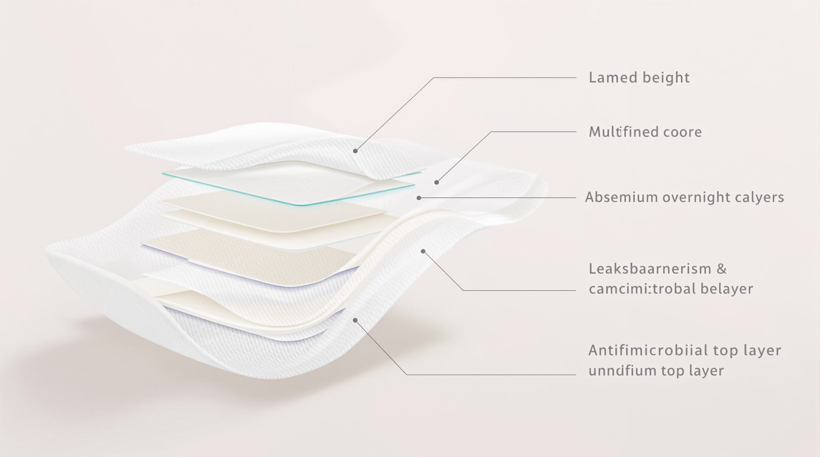 Photo-realistic close-up cross-section of an overnight sanitary pad highlighting multi-layer construction and absorption features