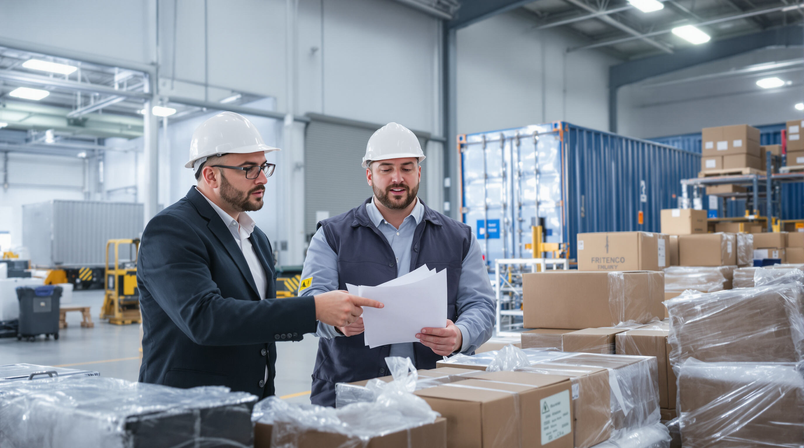 Two professionals discussing cost allocations with refrigerated goods and paperwork in a port warehouse