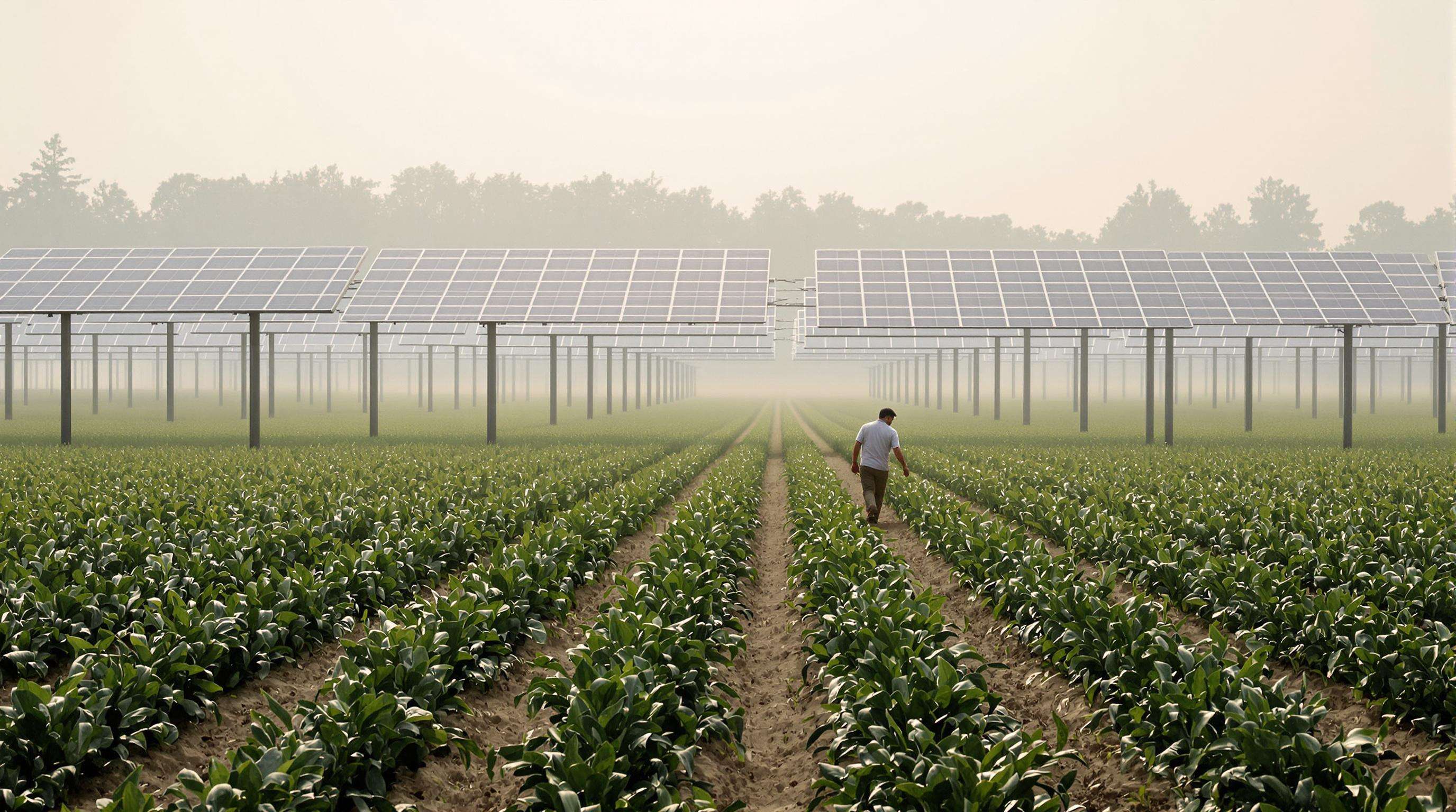 Farmland with crops growing under raised solar arrays and a farmer walking among the plants