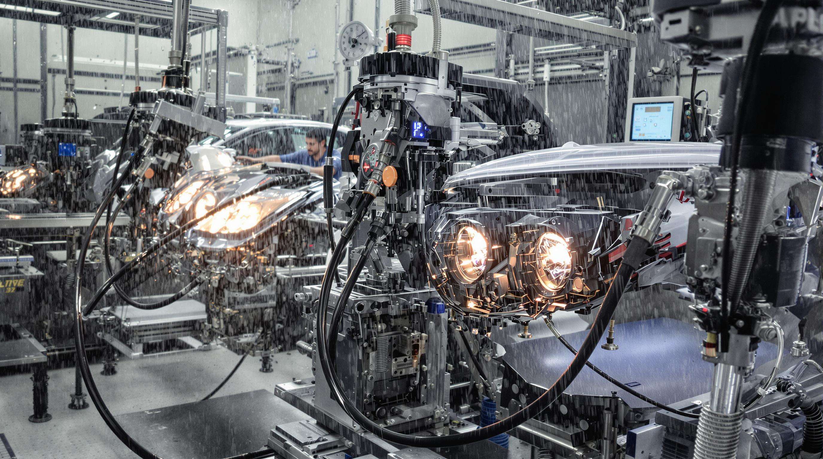 Technicians performing vibration and waterproof tests on car headlamps in a laboratory, simulating regulatory compliance